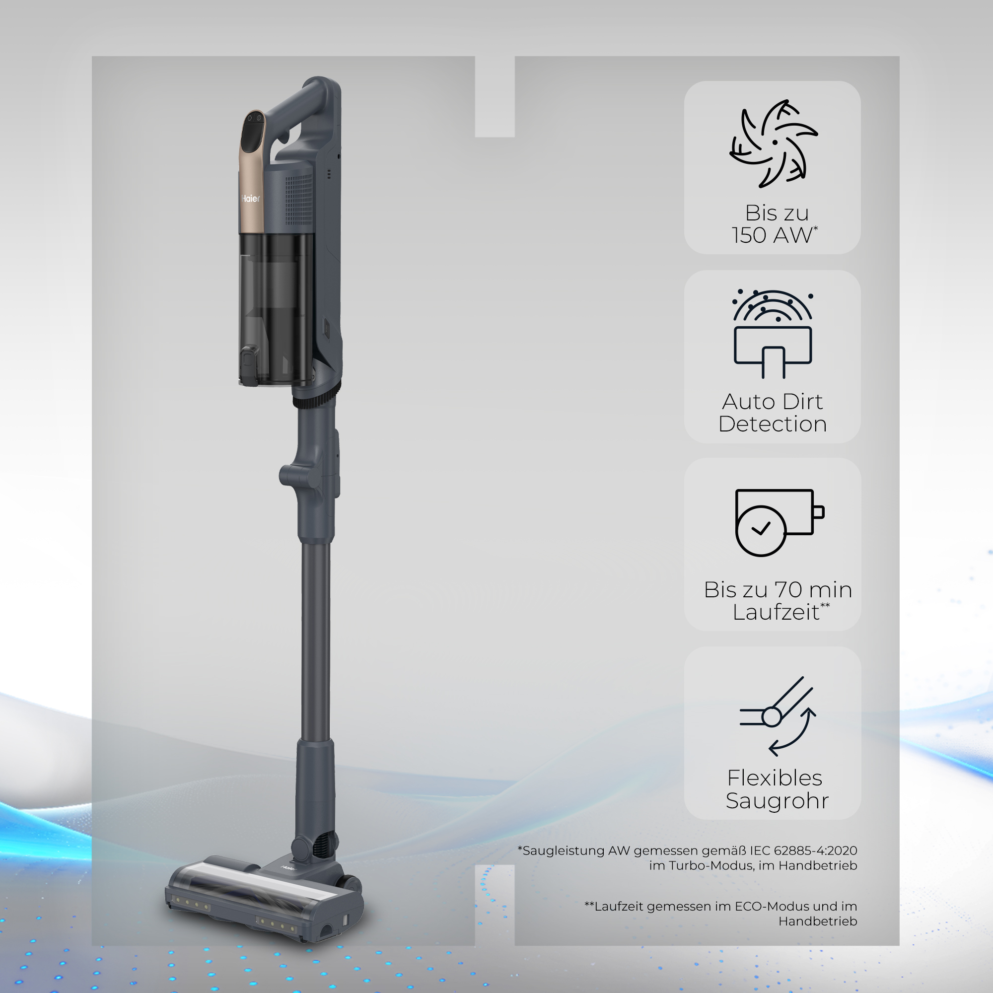 Grauer Haier Akkusauger mit Zubehör-Icons auf grauem Hintergrund.