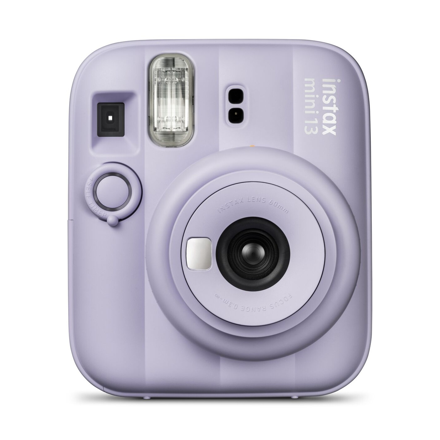Fotocamera istantanea Instax Mini 12 viola con obiettivo e flash.