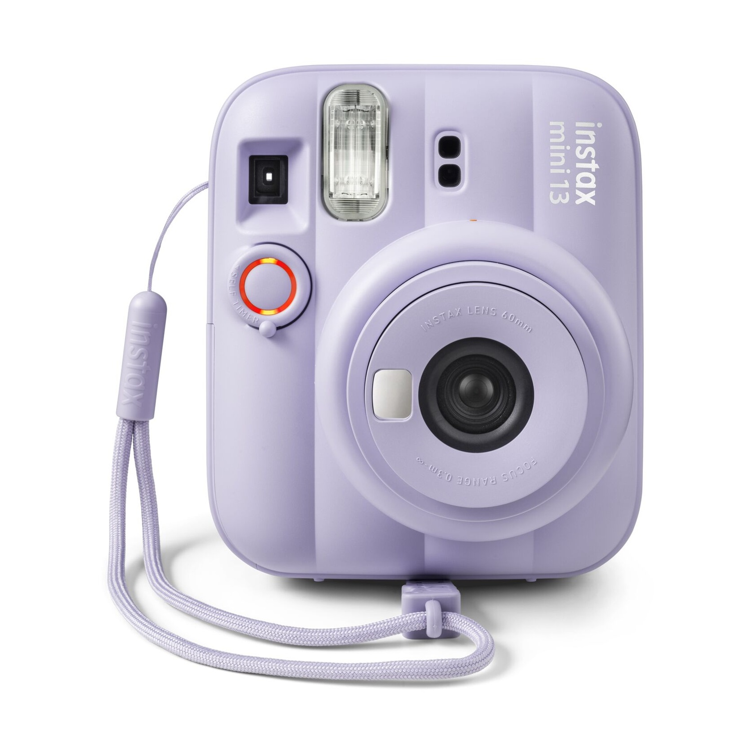 Una fotocamera istantanea Instax Mini 13 viola chiaro con cinturino da polso coordinato, su sfondo bianco.