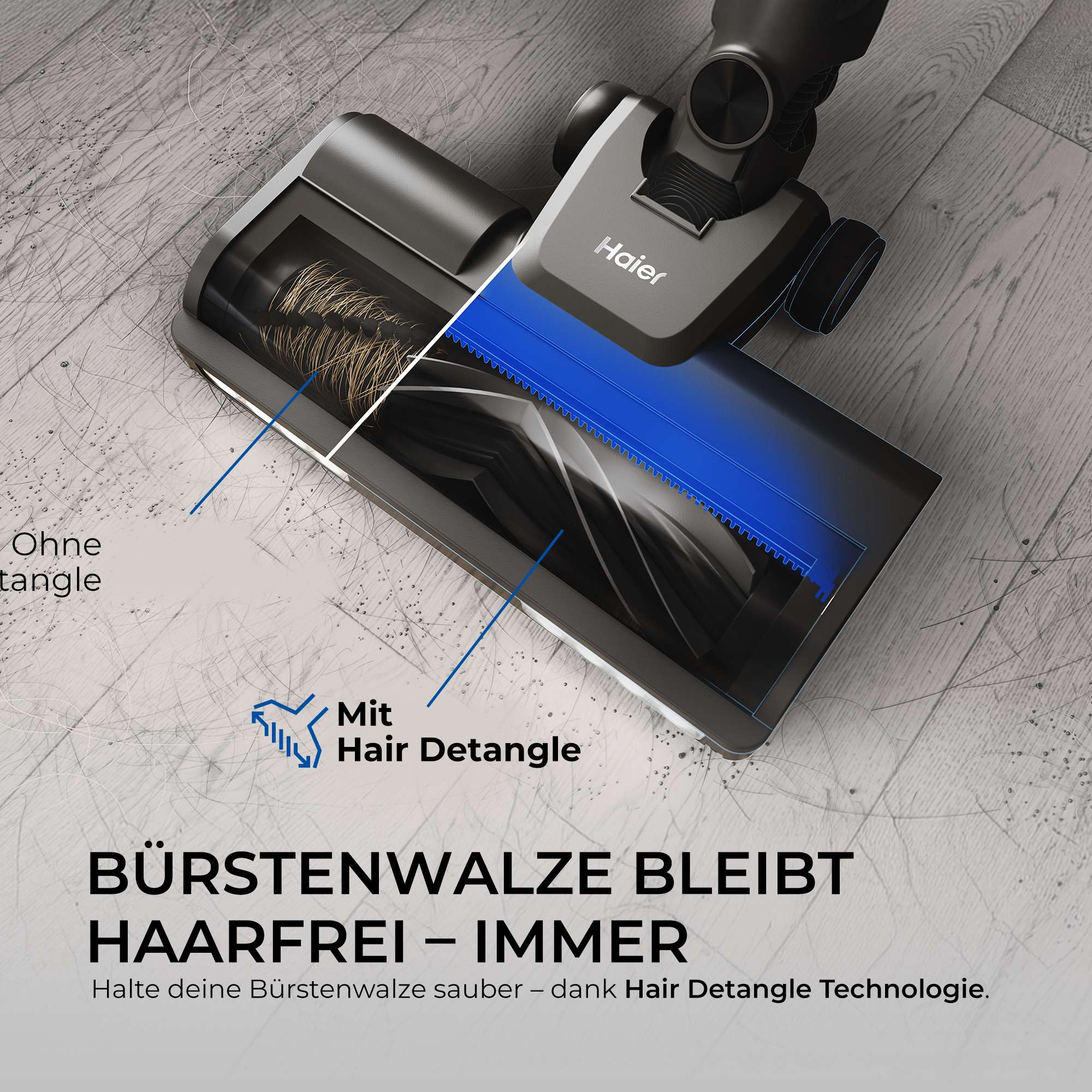 Haier Staubsaugerkopf mit Hair Detangle Technologie auf einem haarbedeckten Holzboden.