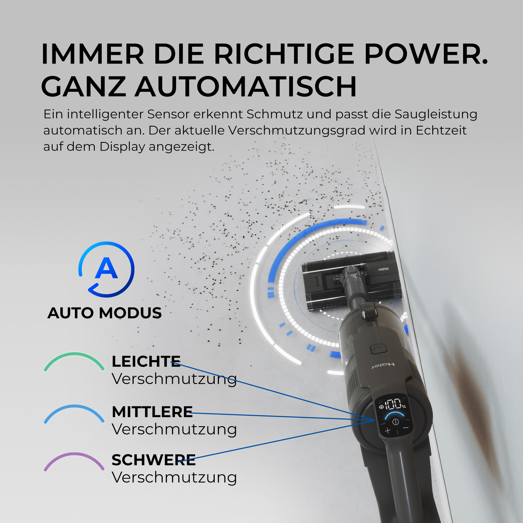 Ein Staubsauger reinigt eine verschmutzte Oberfläche, wobei ein Sensor den Grad der Verschmutzung anzeigt.