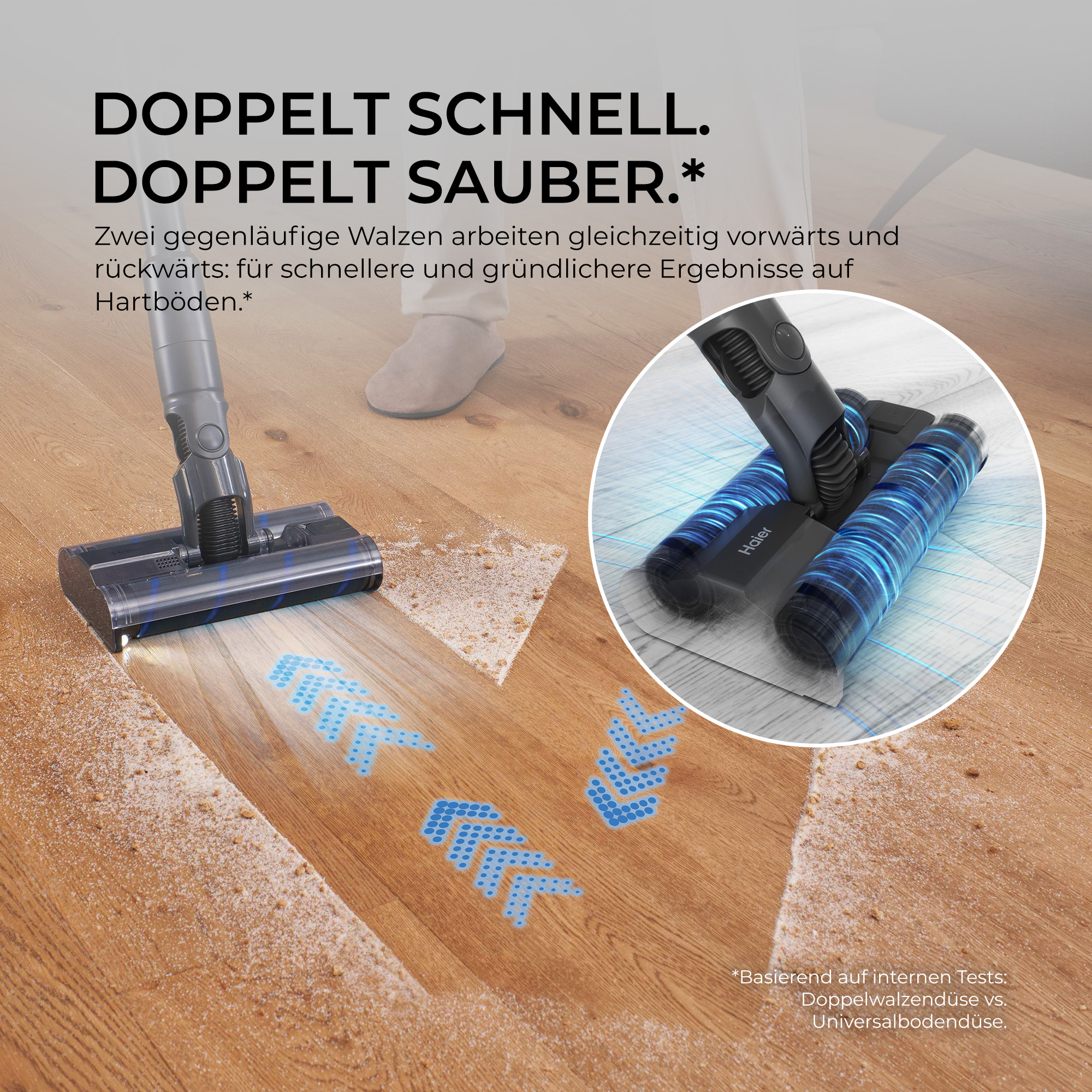 Haier Staubsauger mit Doppelwalze reinigt Holzboden gründlich mit gegenläufigen Bürsten.
