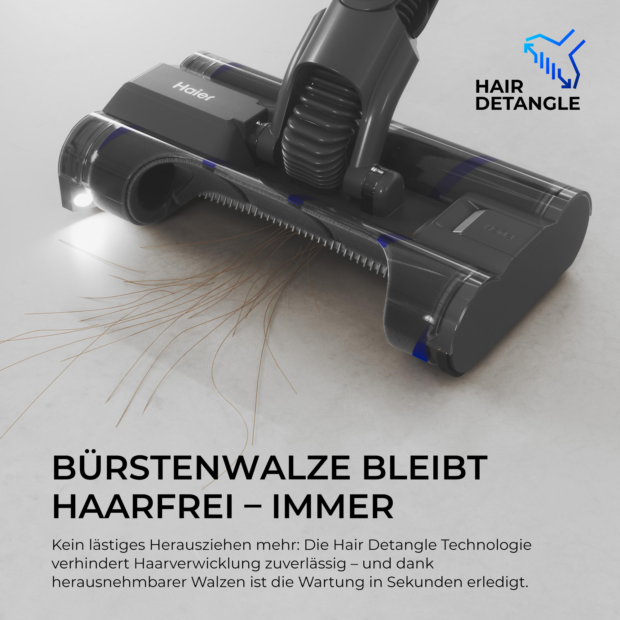 Haier Staubsaugerbürste mit Haarentwirrungstechnologie auf hellem Boden.