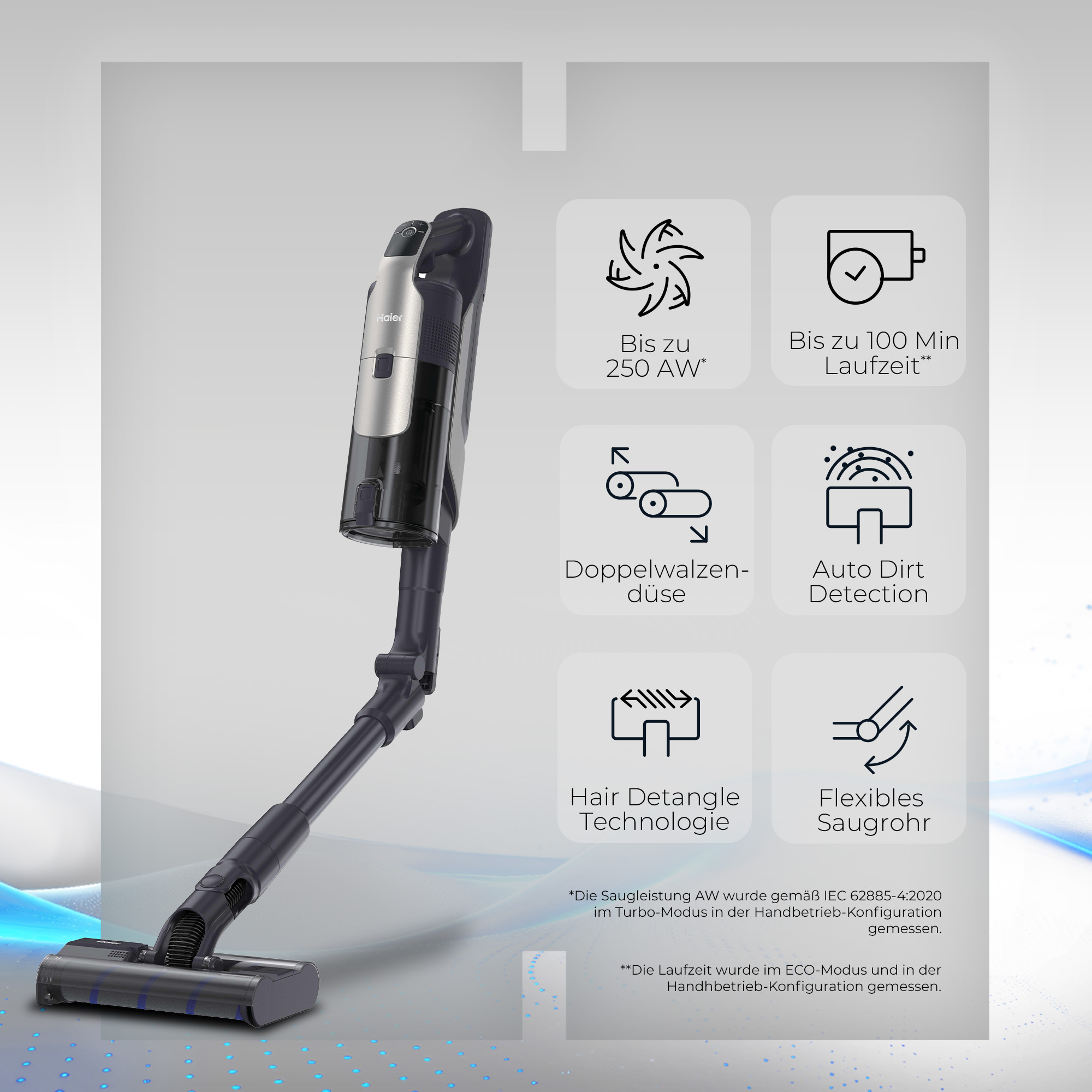 Haier Stielstaubsauger mit Feature-Icons und Texten.
