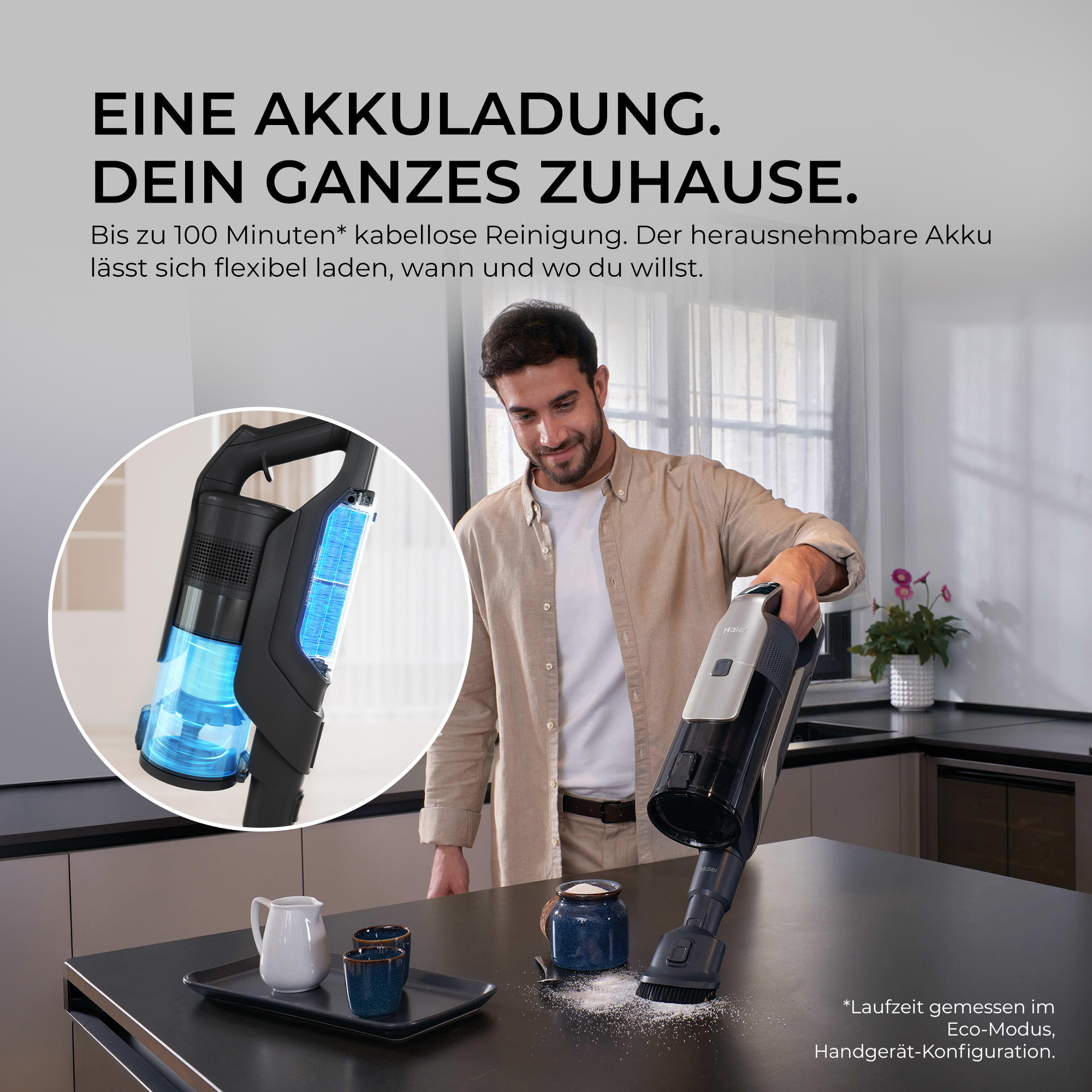Ein Mann saugt eine Küchentheke, mit einem Kreisausschnitt, der den blau beleuchteten Staubbehälter zeigt.