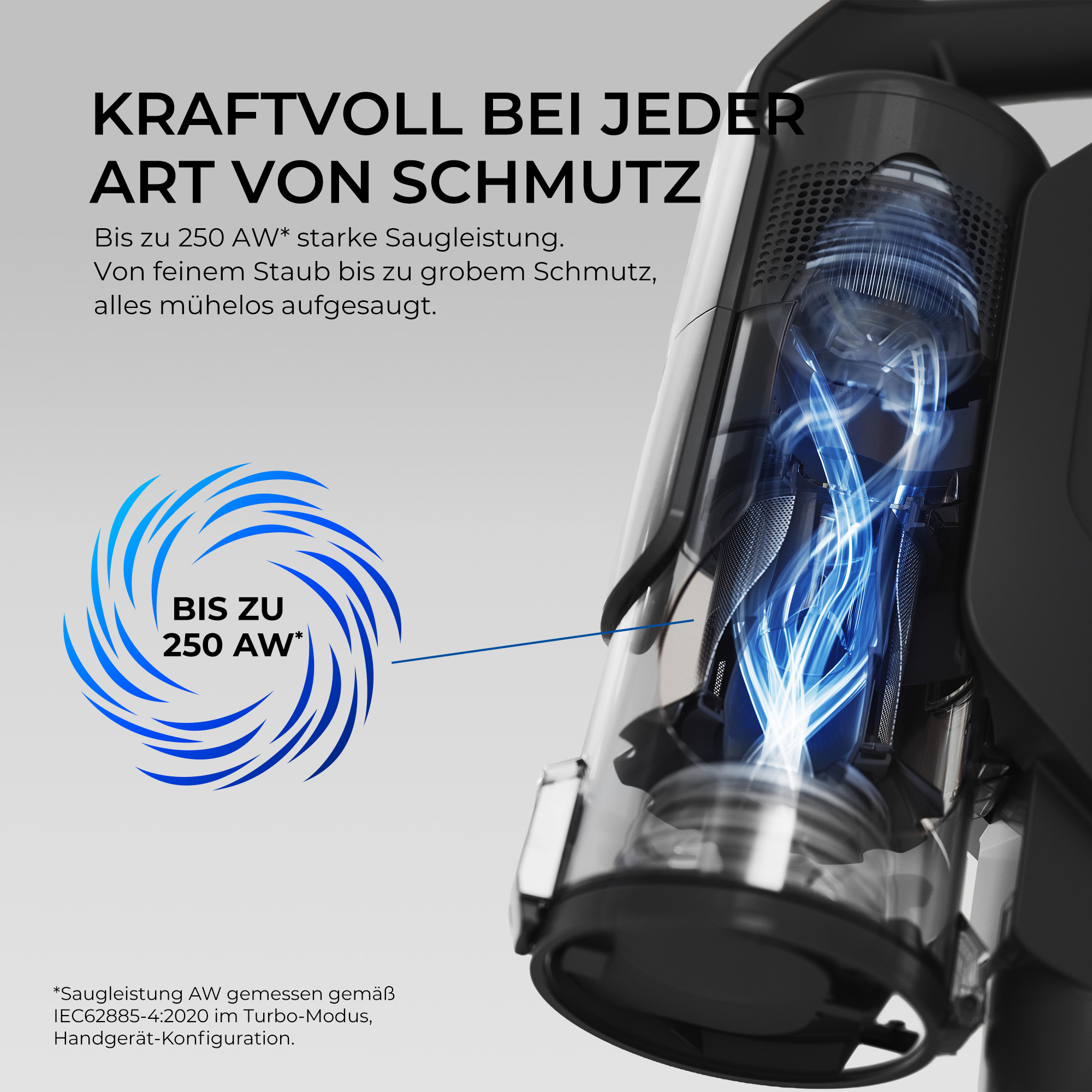 Diagramm zeigt die starke Saugleistung eines Staubsaugers mit blauem Wirbel im transparenten Behälter.