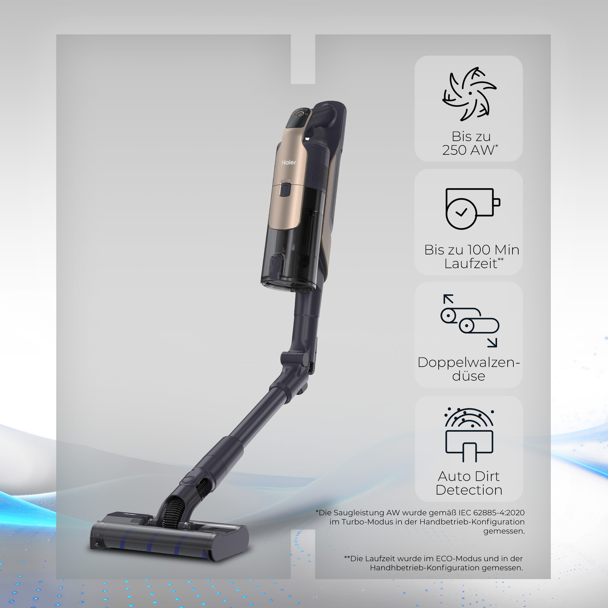 Haier Akkusauger mit Zubehoer und Symbolen fuer Saugkraft, Laufzeit und Buersten.