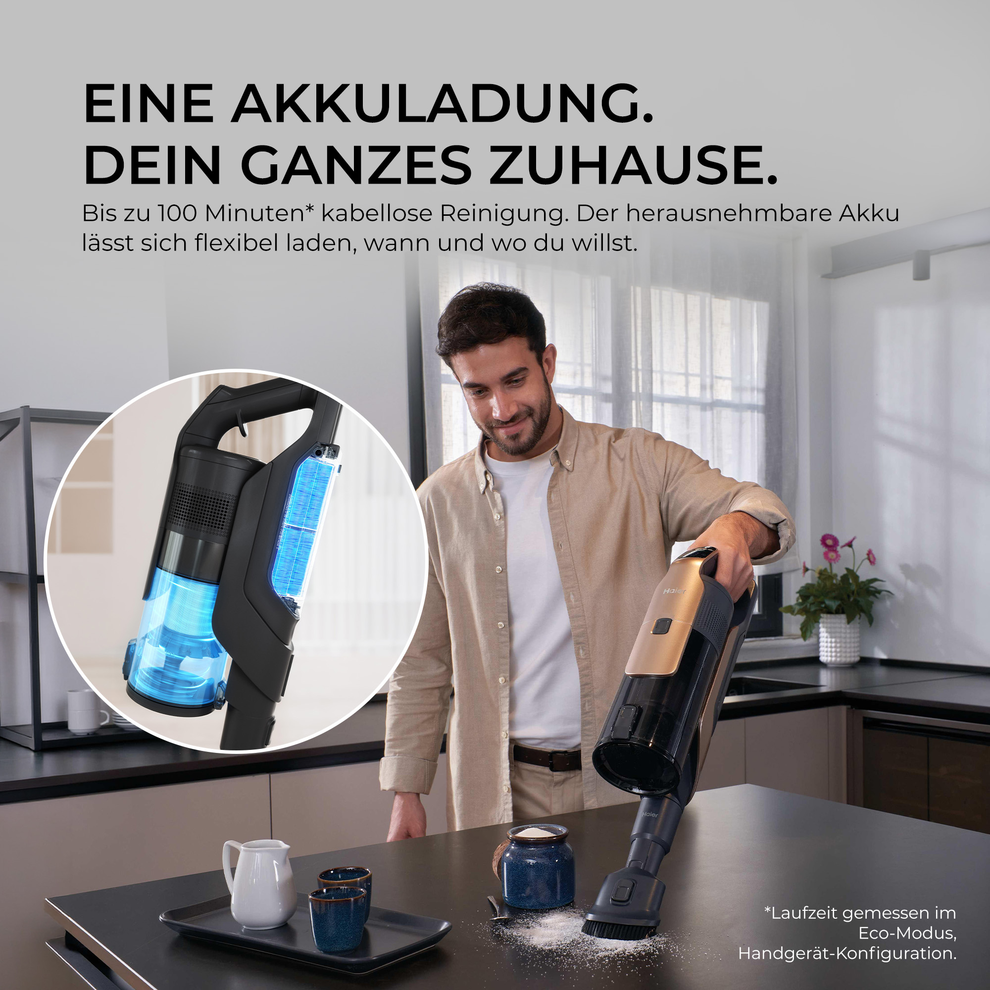 Ein Mann nutzt einen kabellosen Haier-Staubsauger in einer Küche, mit vergrößertem Detail auf das Filterdisplay.
