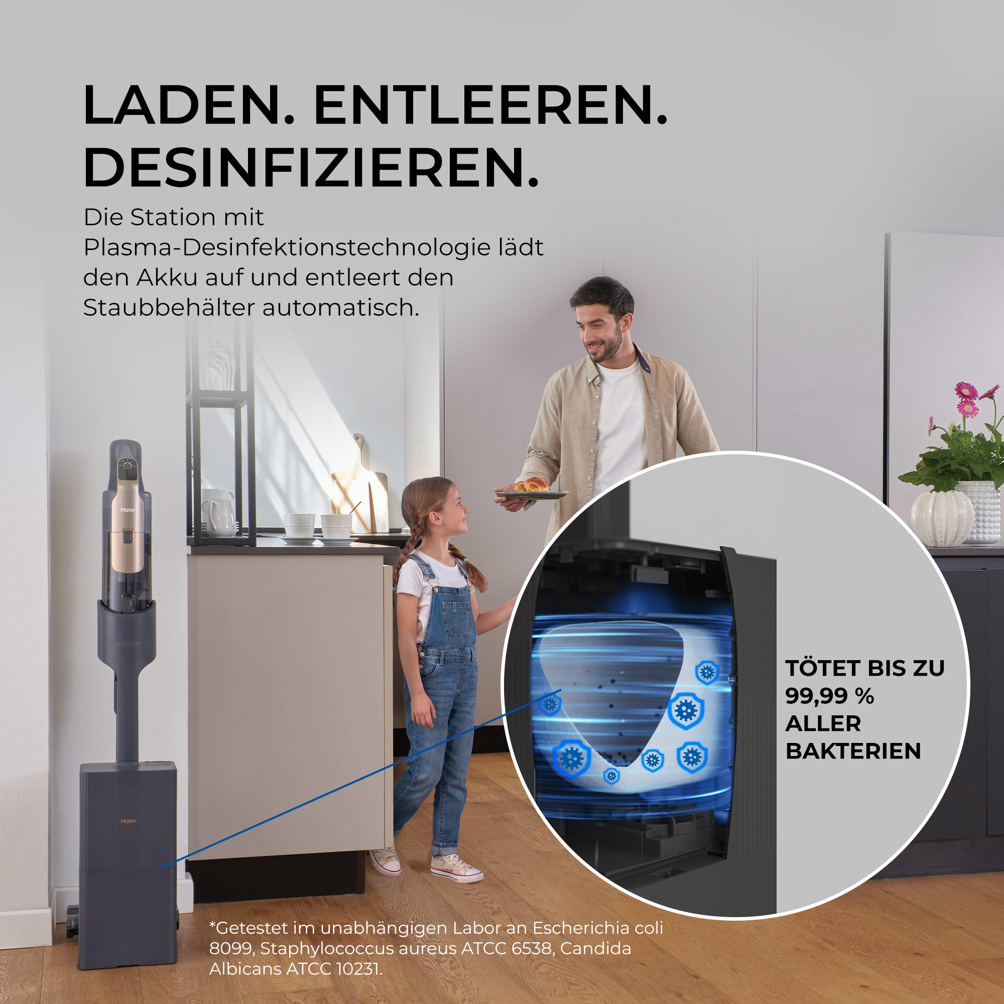 Ein Haier Staubsauger in einer Küche, mit einem Einsatz, der Plasmatechnologie und Bakterientötung zeigt.