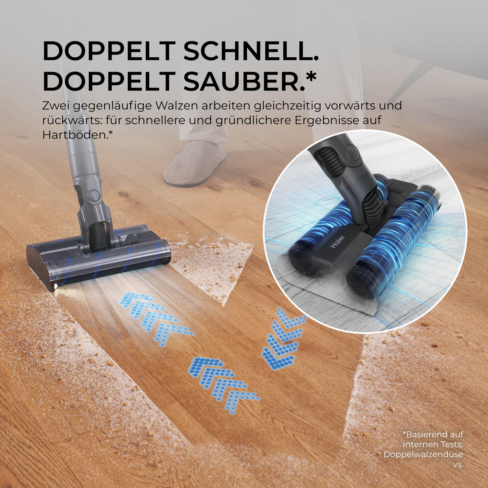Haier Staubsauger mit Doppelwalze reinigt Holzboden gründlich mit blauen Pfeilen als Visualisierung.