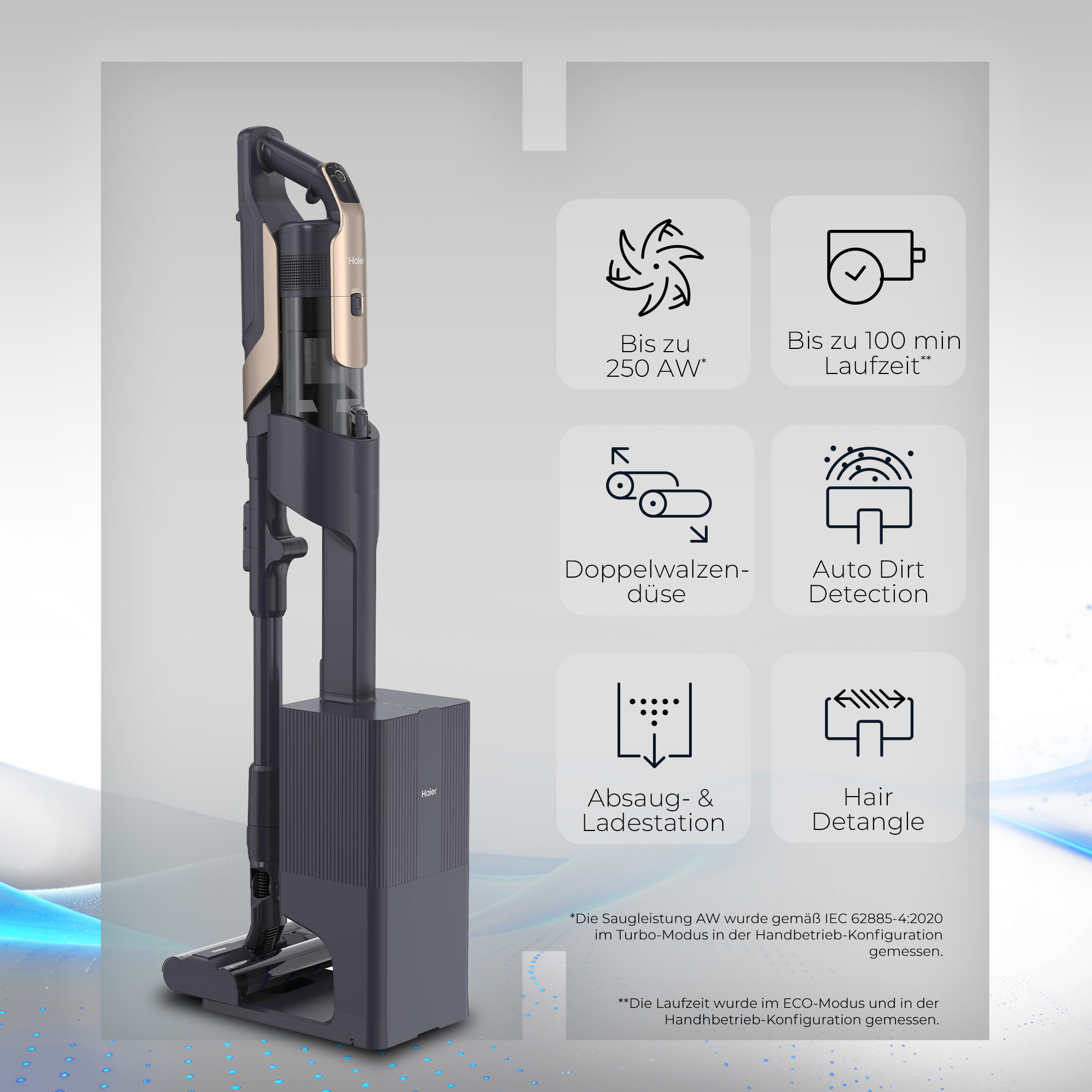 Haier Akkusauger mit Ladestation und Funktionssymbolen.