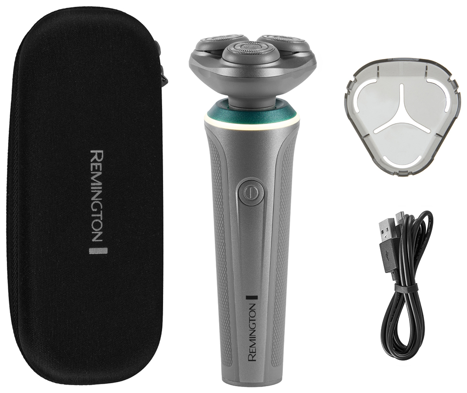 Remington elektromos borotva, fekete tok, védőkupak és USB töltőkábel fekete háttér előtt.