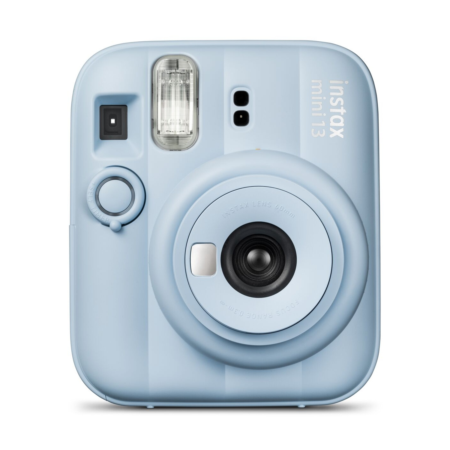 Una fotocamera istantanea Instax Mini 13 azzurra vista frontalmente con obiettivo e flash.