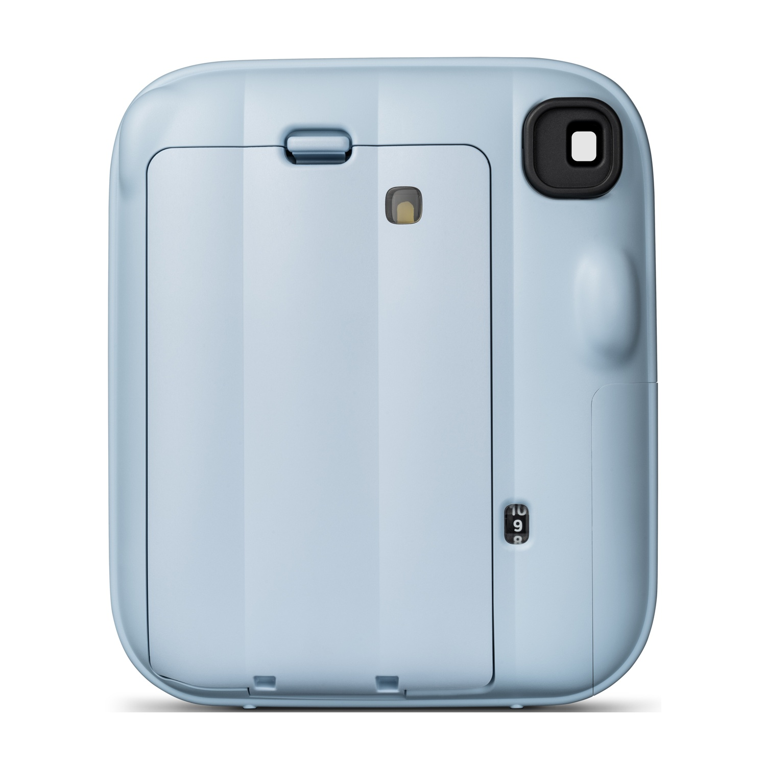 Il retro di una fotocamera istantanea azzurra con mirino e contapassi.