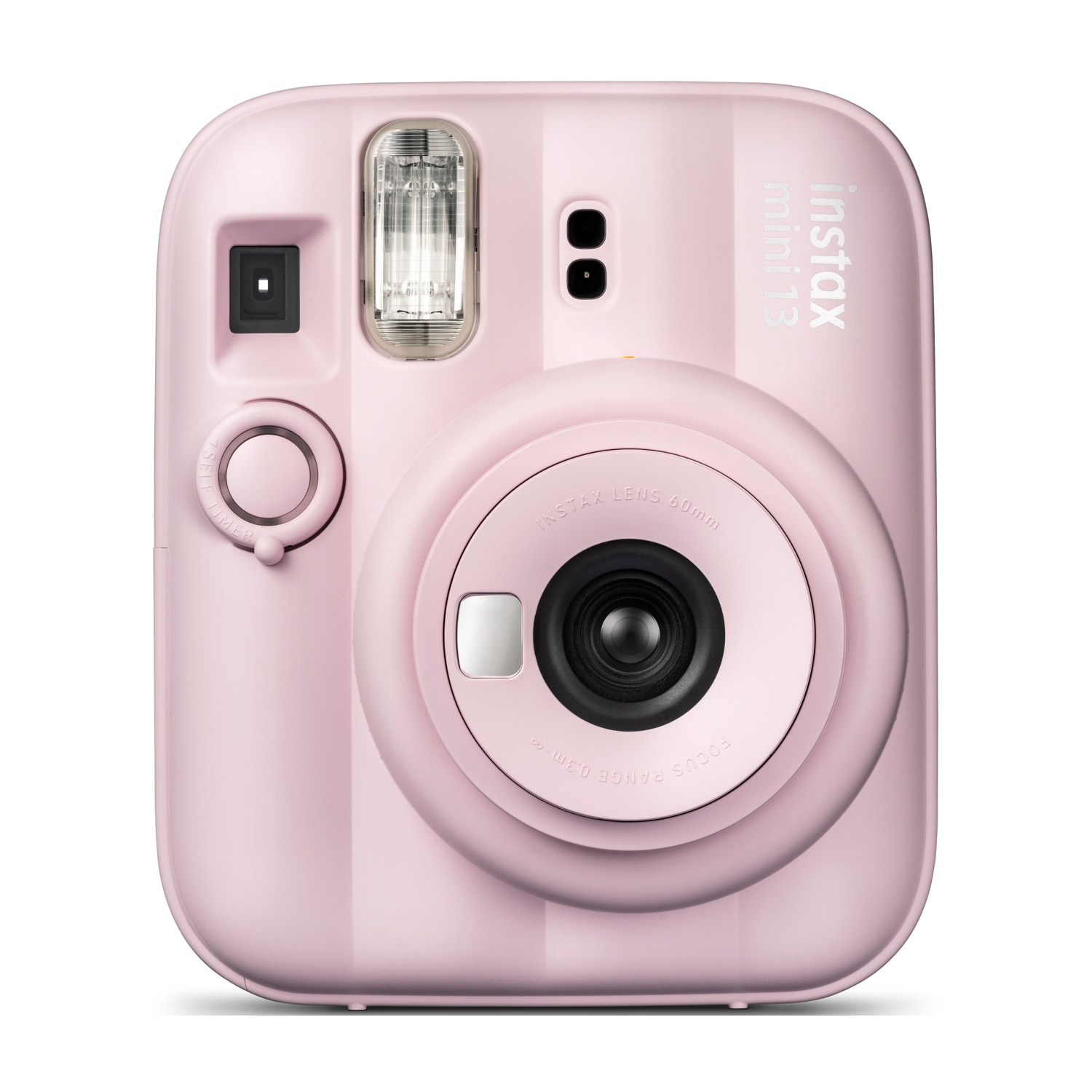 Una fotocamera istantanea Instax Mini 13 rosa pastello con obiettivo, flash e mirino.