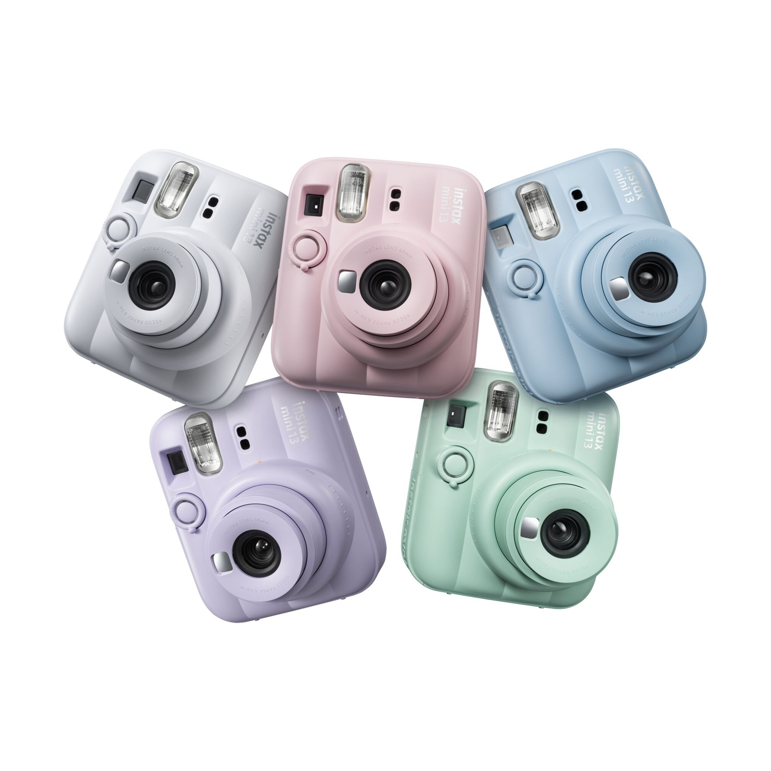 Cinque fotocamere Instax Mini 12 pastello in bianco, rosa, blu, viola e verde.