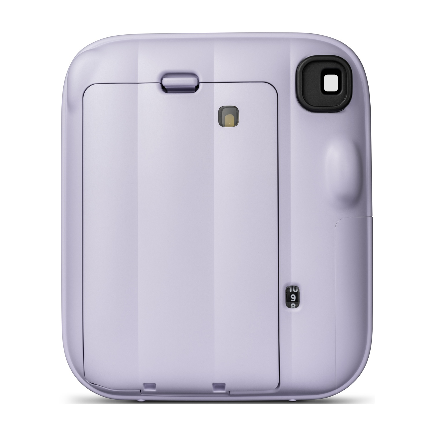 Vista posteriore di una fotocamera istantanea lilla chiaro, con sportello pellicola e mirino.
