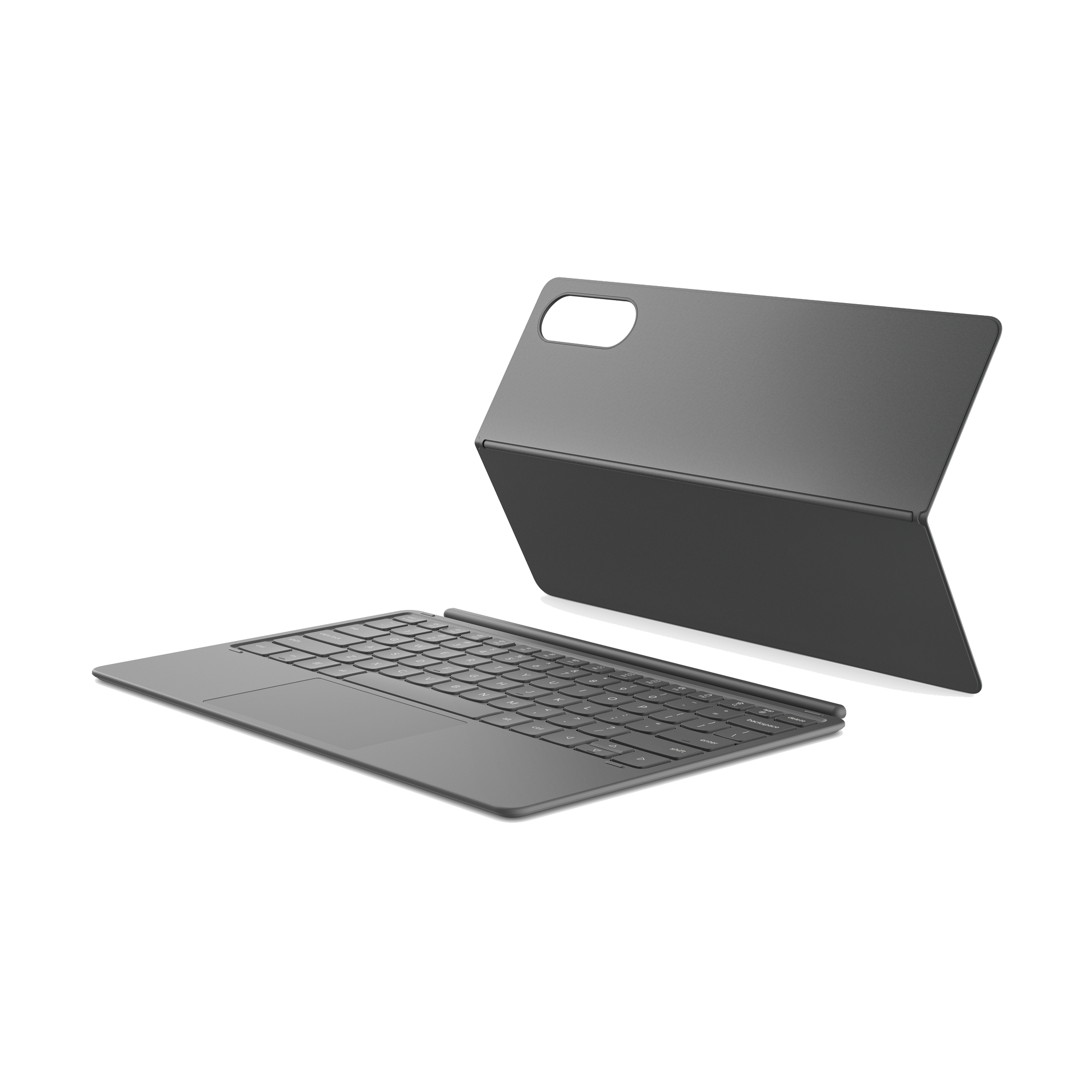 Teclado para tablet gris con panel táctil integrado y funda protectora elevada sobre fondo negro.