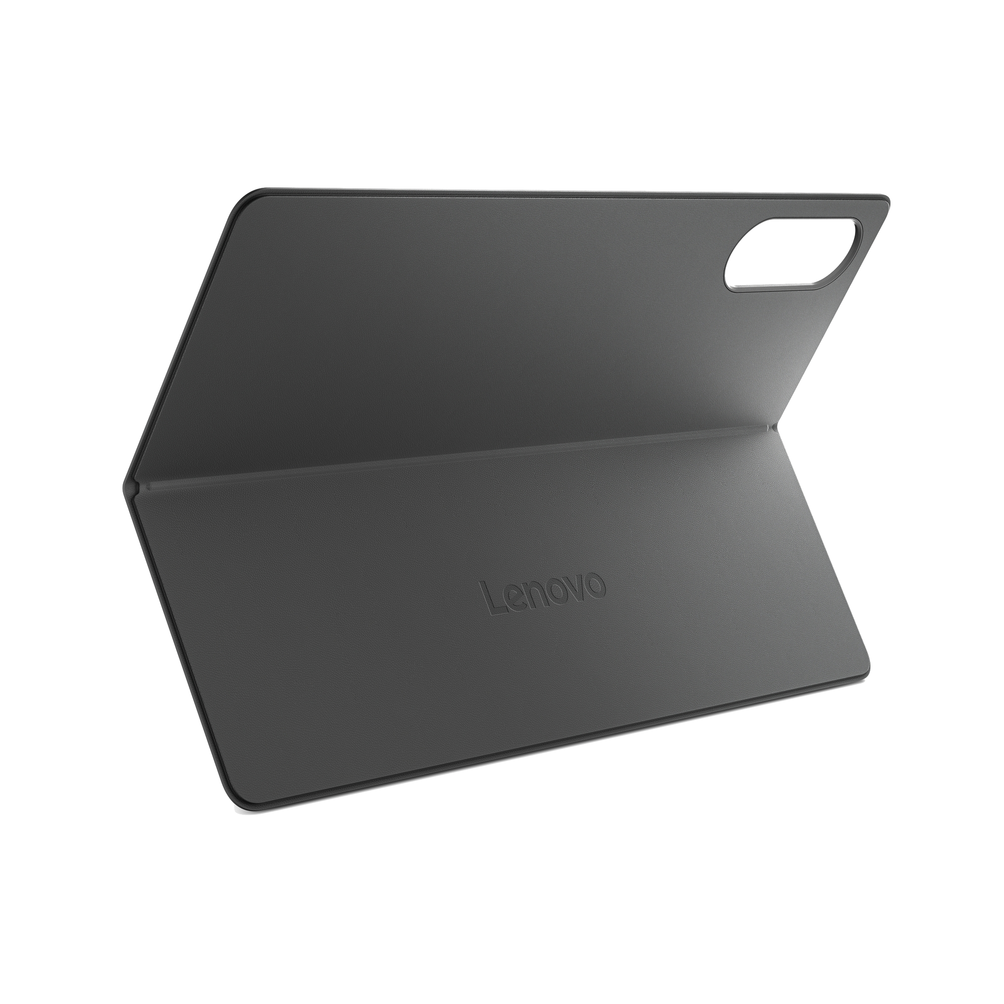 Una funda gris plegable para tableta Lenovo sobre fondo negro.