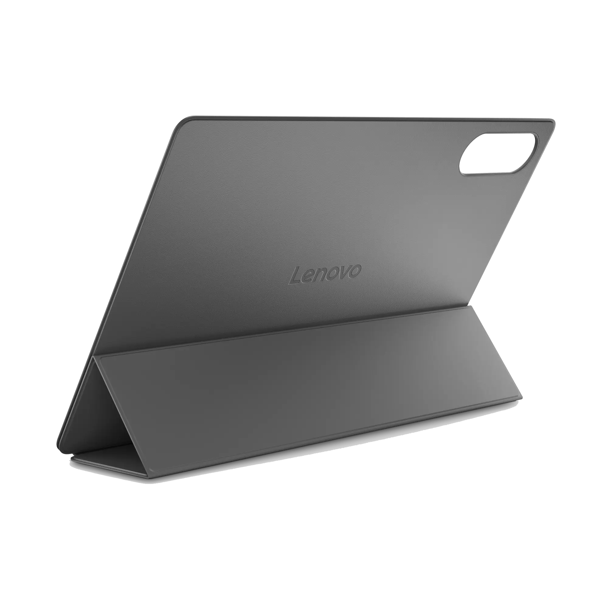 Fundadora gris de tablet Lenovo usada como soporte sobre fondo negro.