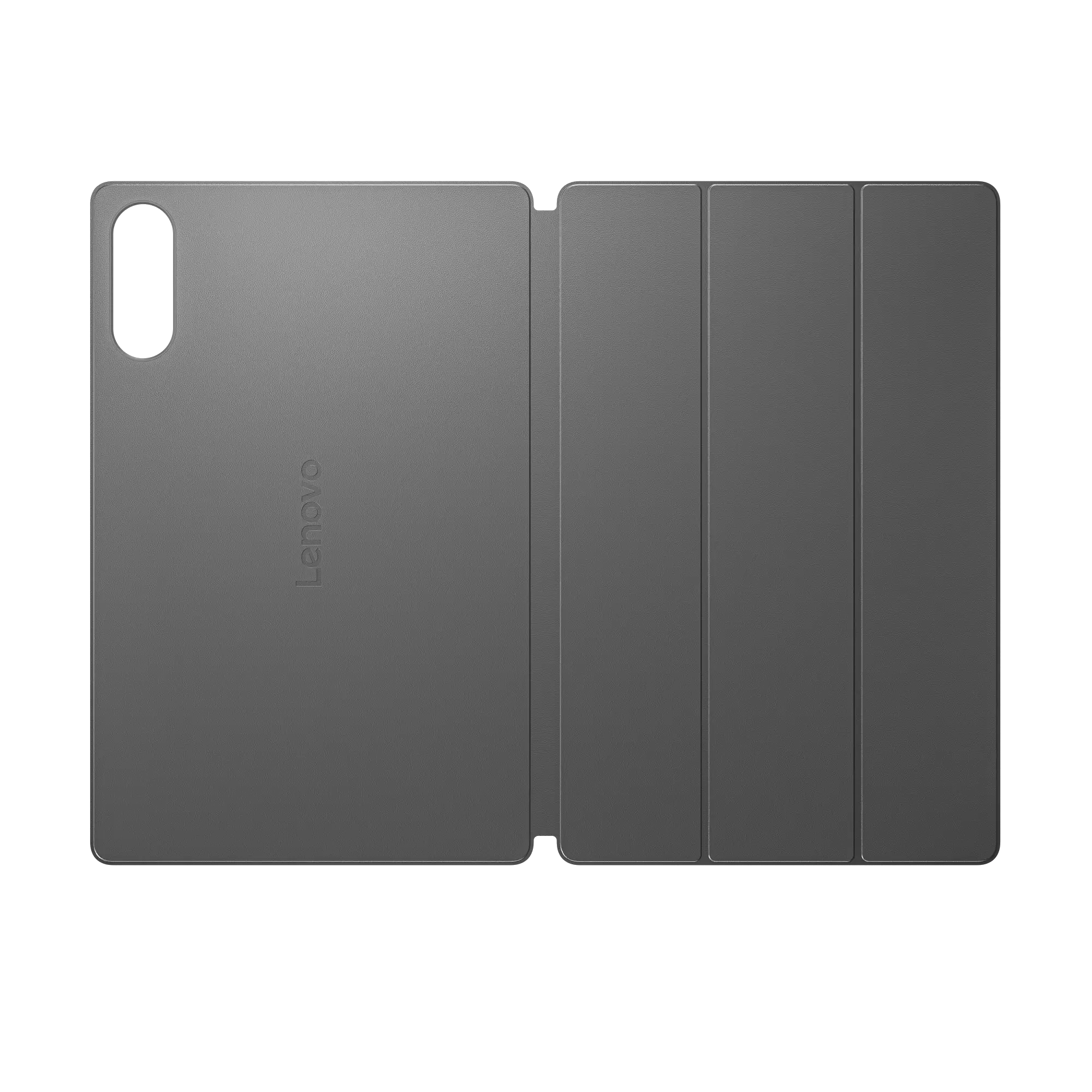 Funda gris plegable para tablet Lenovo con recorte para cámara y superficie texturizada sobre fondo negro.