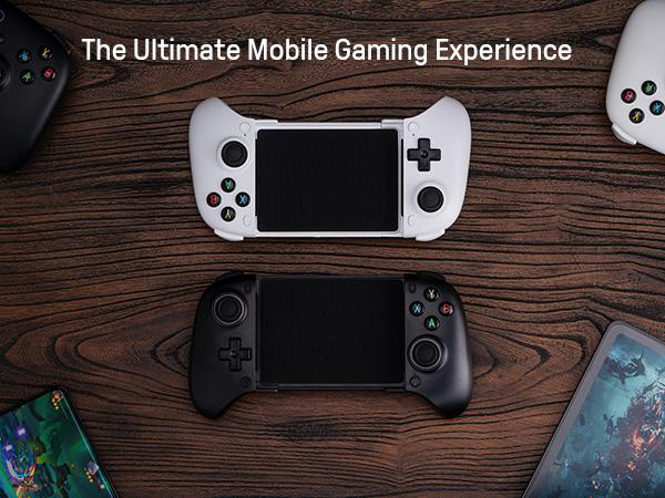 Weiße und schwarze mobile Gaming-Controller auf Holzoberfläche mit Text über das ultimative mobile Spielerlebnis.