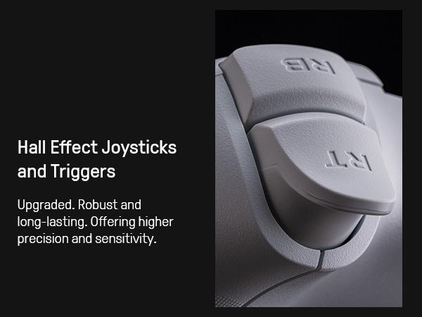 Nahaufnahme eines weißen Controller-Bumpers und -Triggers mit Text links über Hall-Effekt-Joysticks.