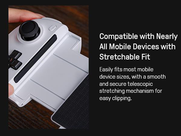 Weißer mobiler Gaming-Controller mit ausziehbarem Mechanismus und schwarzem D-Pad.