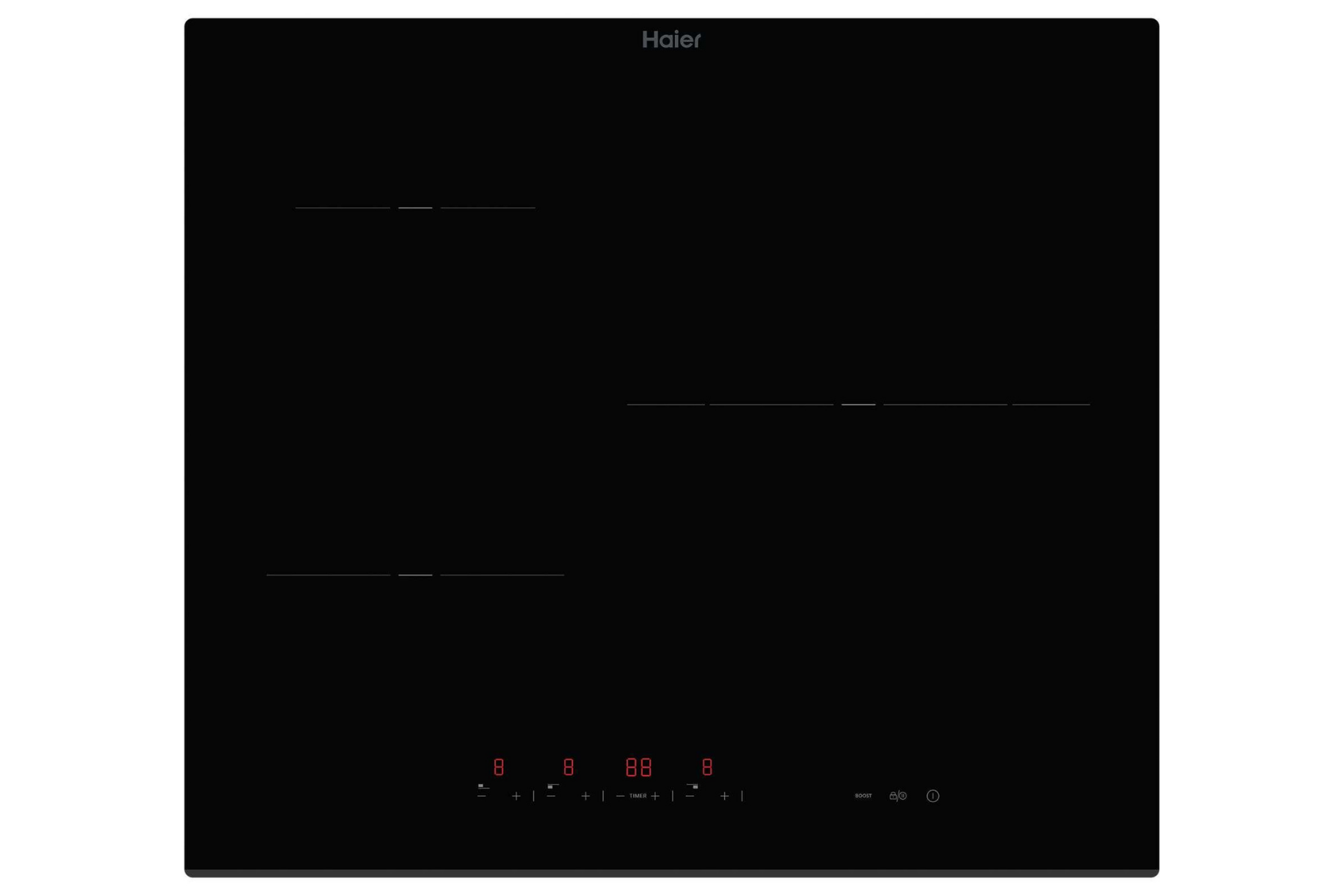 Placa de inducción Haier negra con cuatro zonas y panel táctil LED rojo abajo.