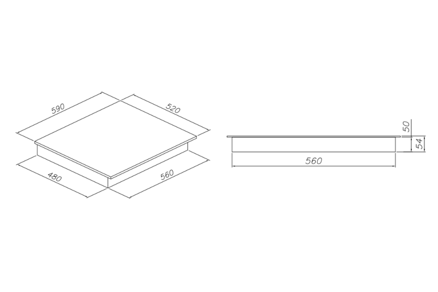 Dibujo técnico de un aparato plano con dimensiones en milímetros sobre fondo blanco.