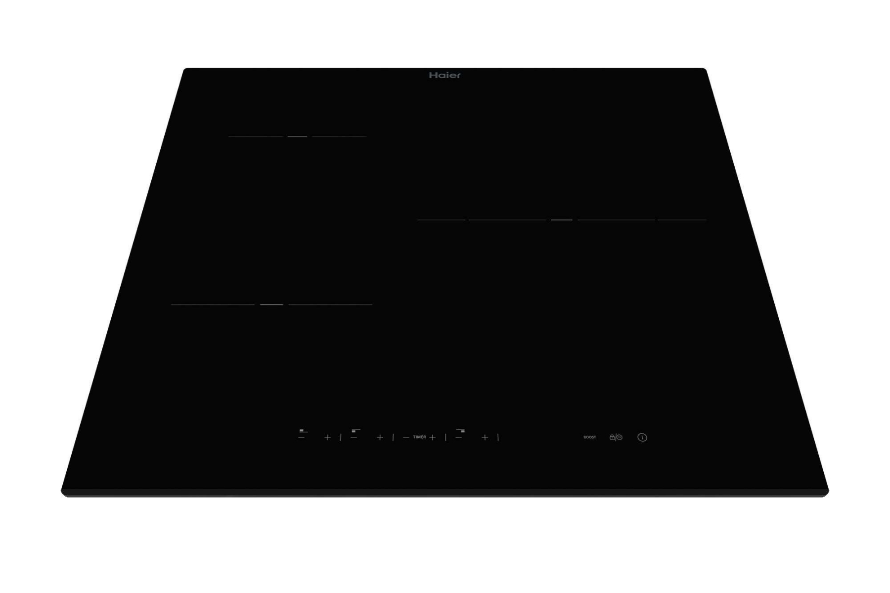 Placa de inducción Haier negra con panel táctil y cuatro zonas de cocción sobre fondo blanco.