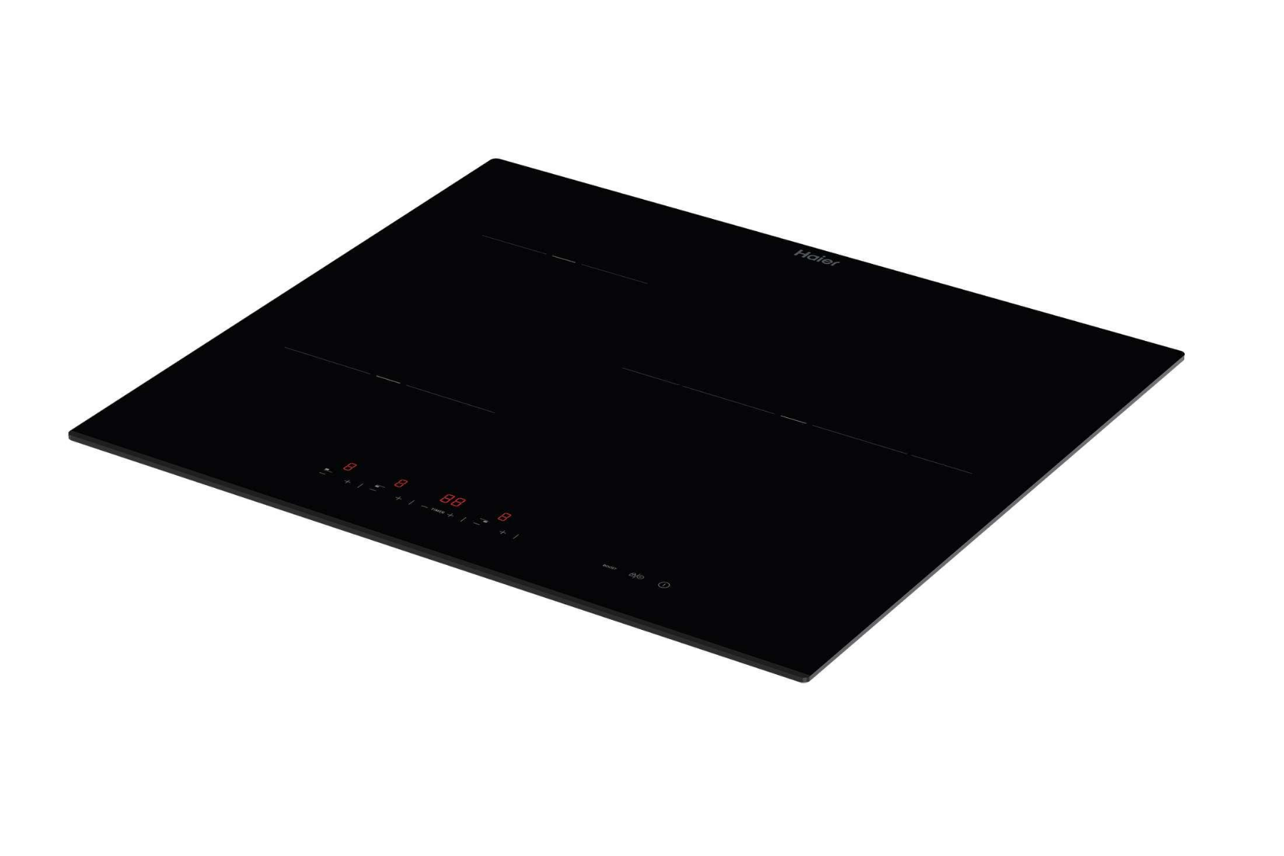 Placa de inducción Haier negra con controles táctiles y pantallas digitales rojas.