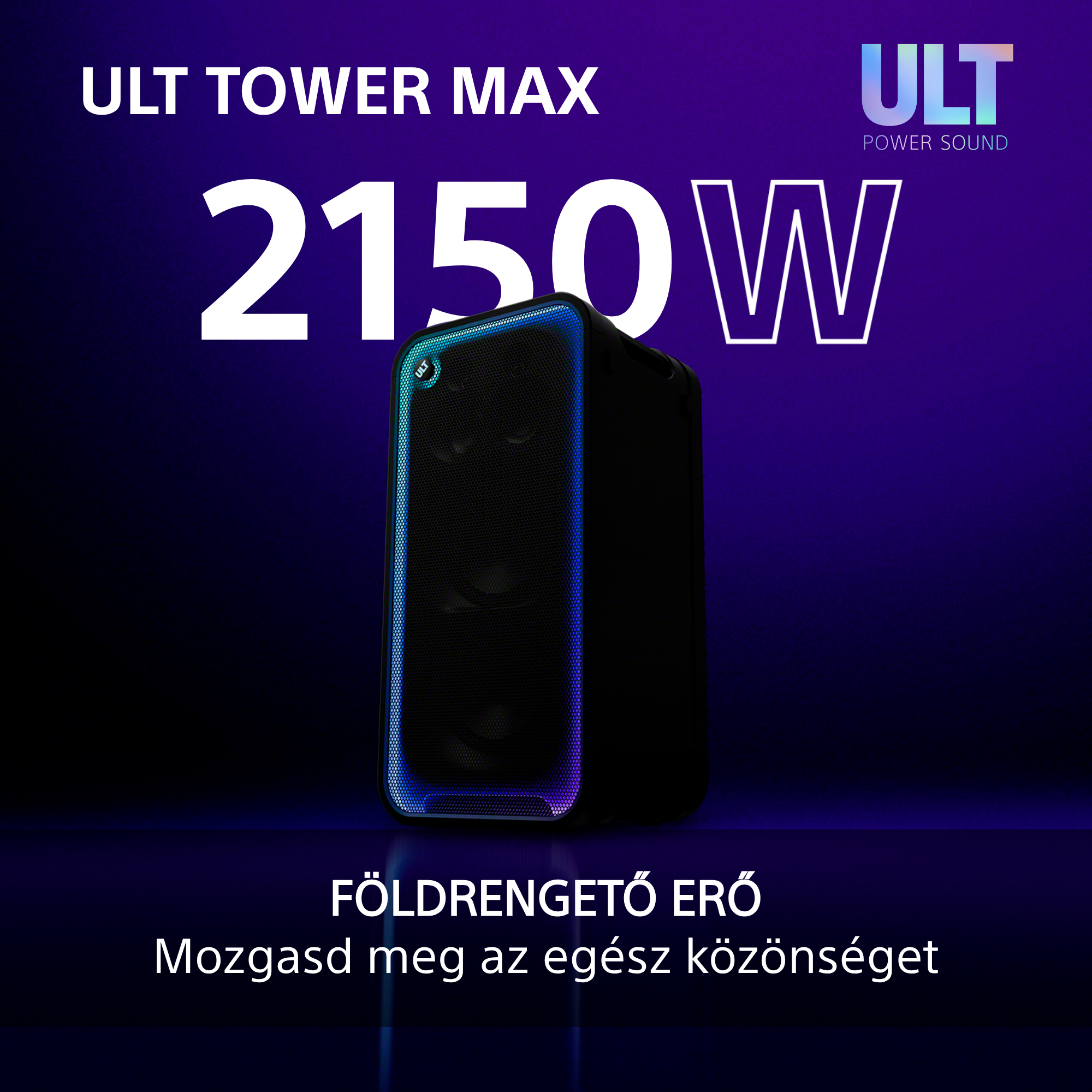 Fekete ULT Tower Max hangszóró kék fénnyel lila háttérrel.