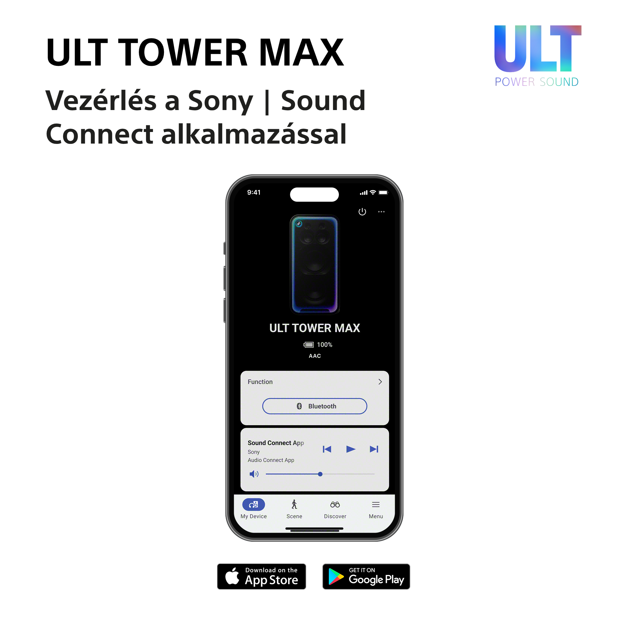 Okostelefon képernyője a Sony Sound Connect alkalmazással az ULT Tower Max vezérléséhez.