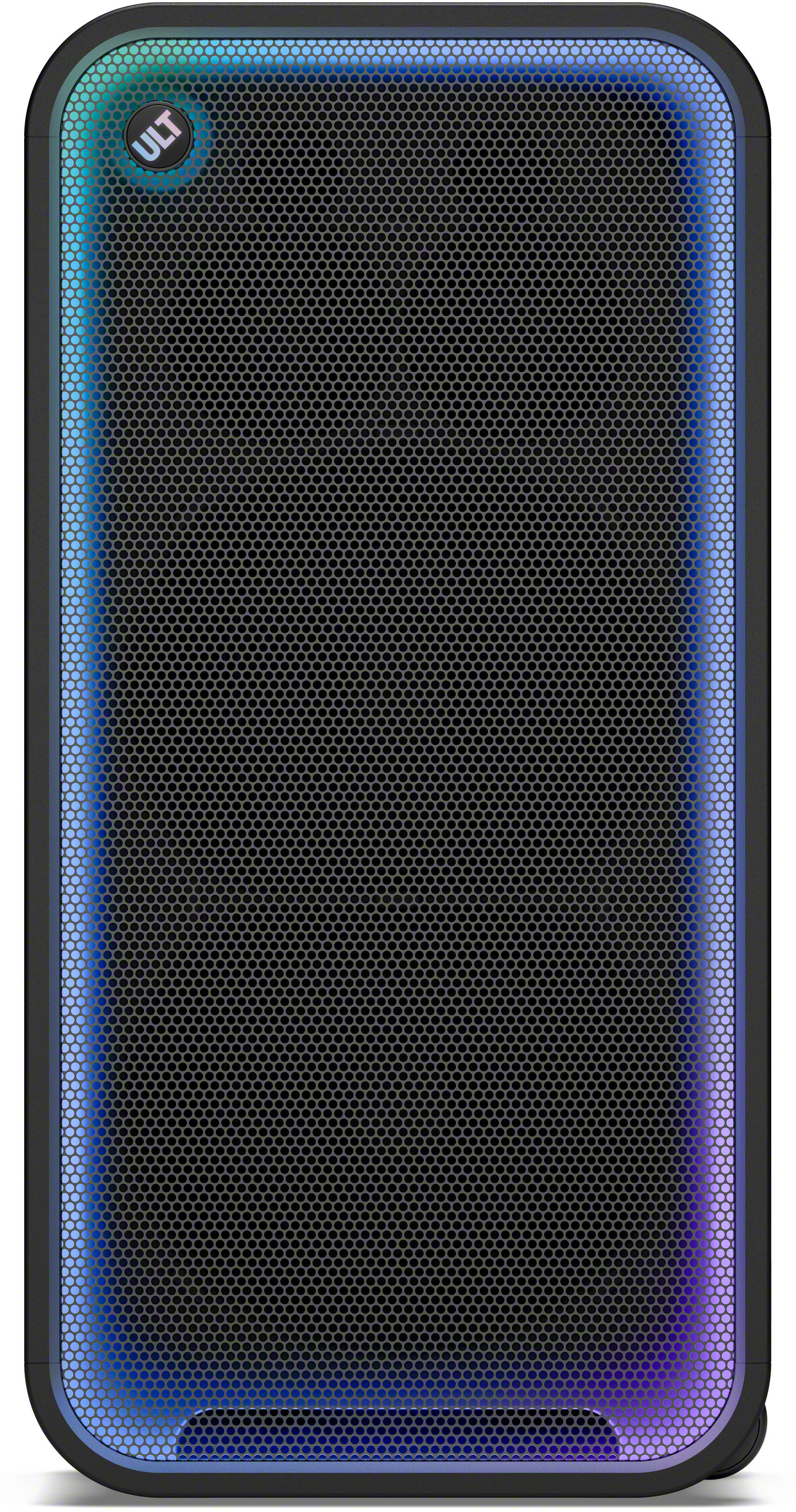 Fekete Bluetooth hangszóró finom fémráccsal, kék LED világítással és ULT logóval.