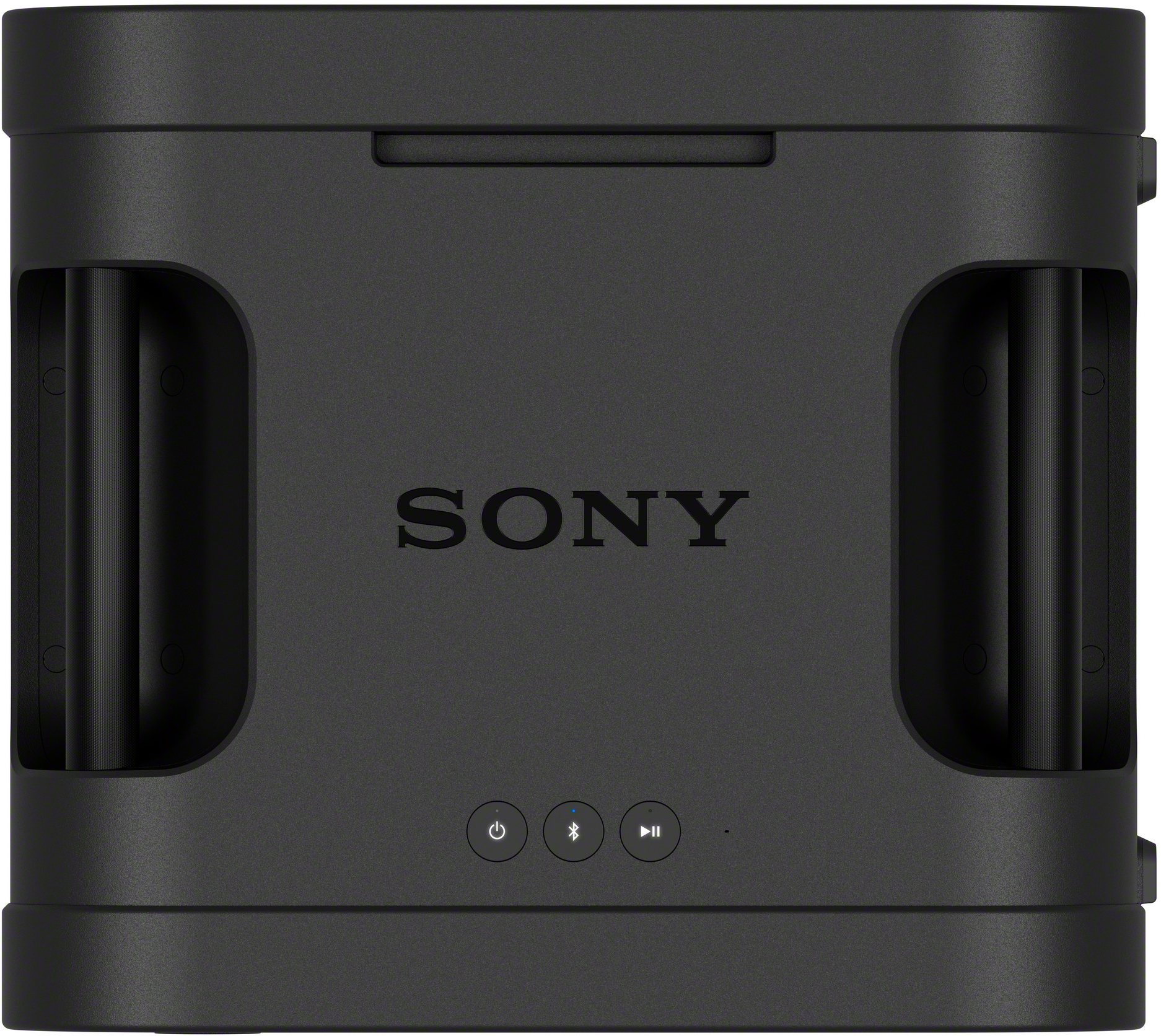 Fekete, hordozható Sony Bluetooth hangszóró oldalsó fogantyúkkal és vezérlőgombokkal alul.