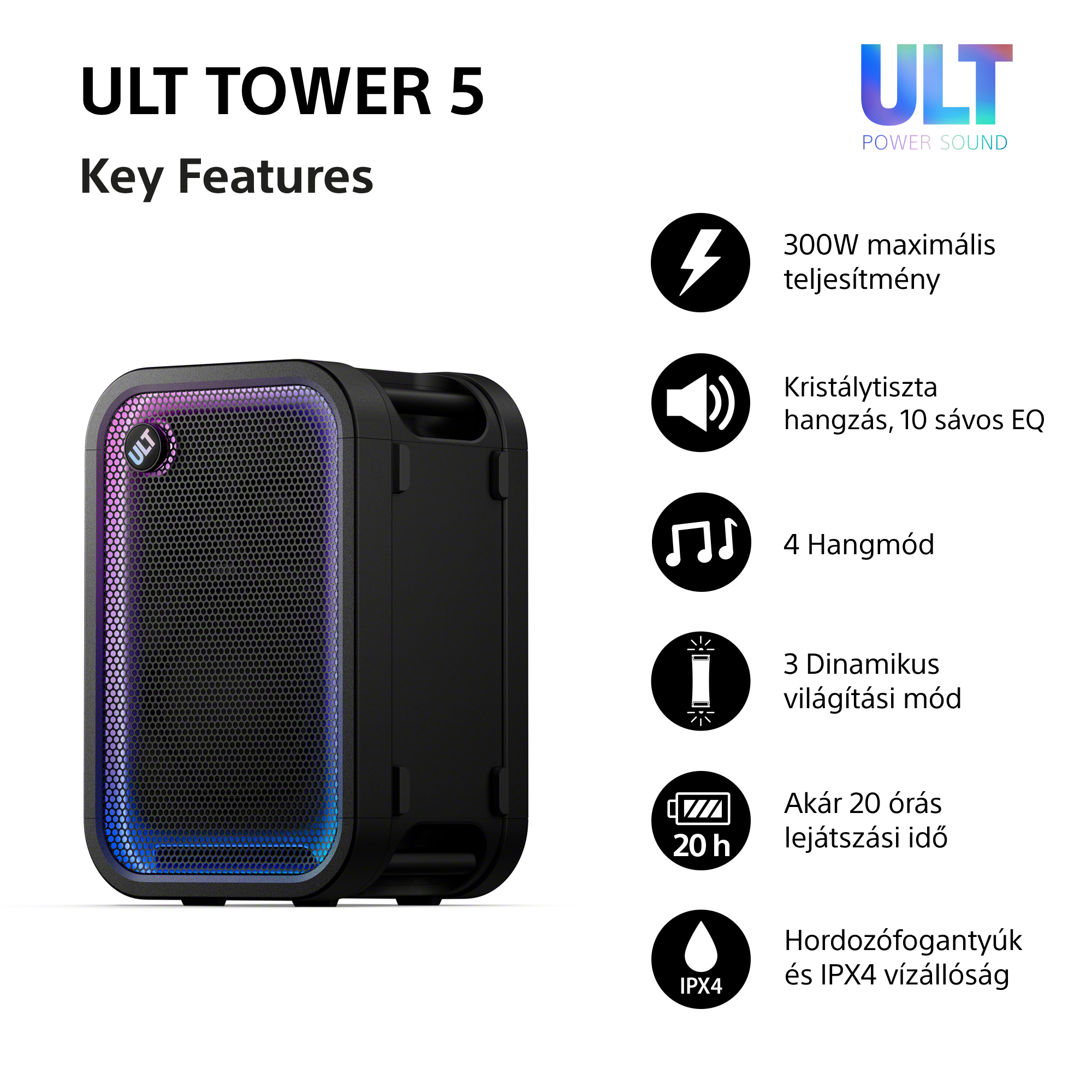ULT Tower 5 hangszóró RGB világítással és a jobb oldalon felsorolt főbb jellemzőkkel.