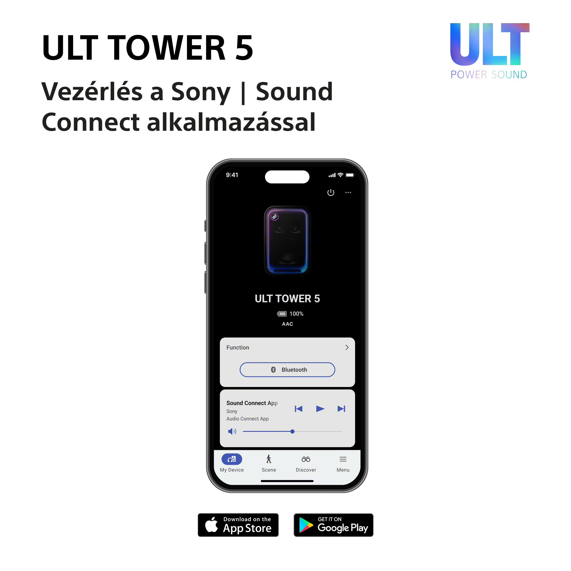 Egy okostelefon a Sony Sound Connect alkalmazást mutatja az ULT Tower 5 hangszóró vezérléséhez.