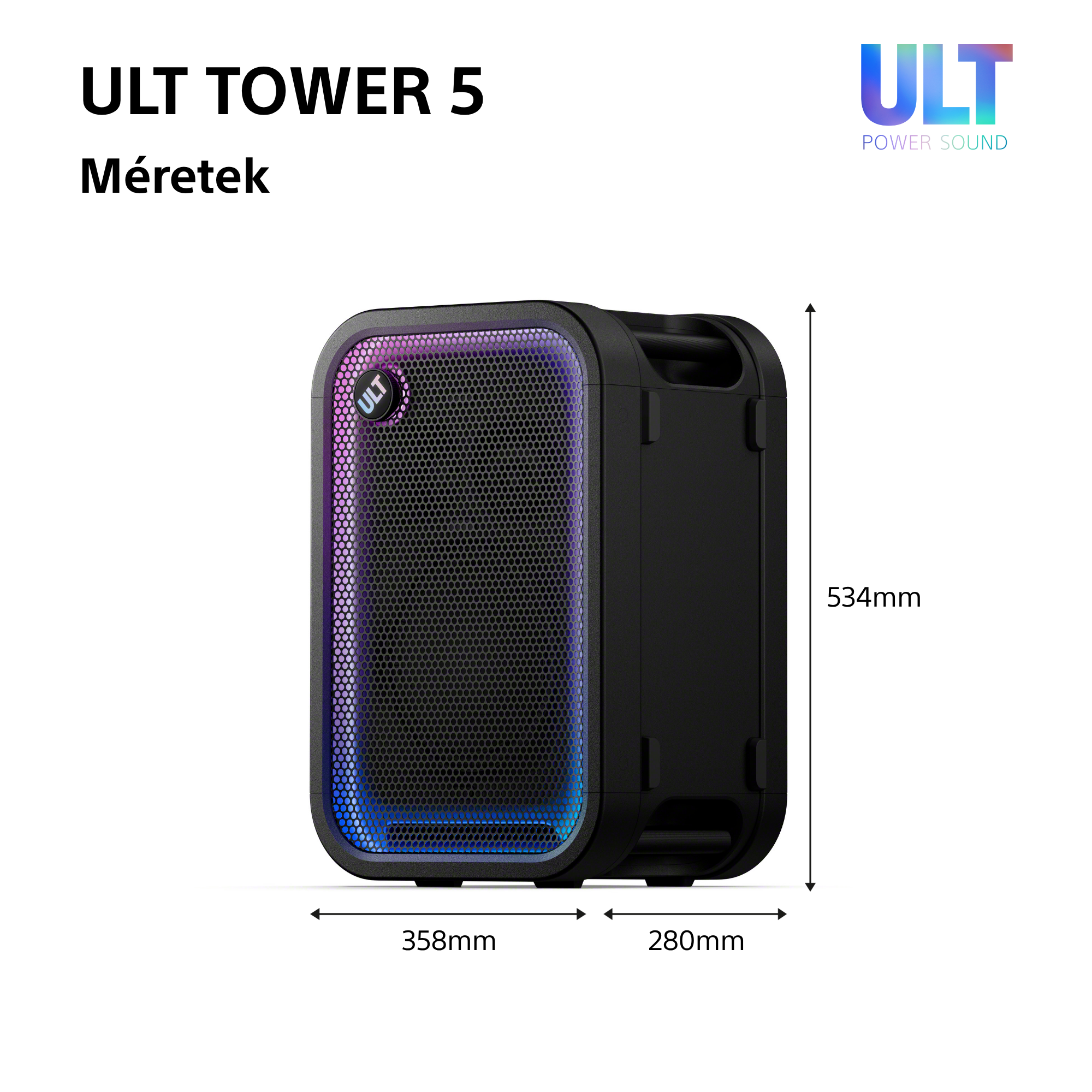 Fekete ULT Tower 5 hangszóró RGB világítással és 534x358x280 mm méretekkel.