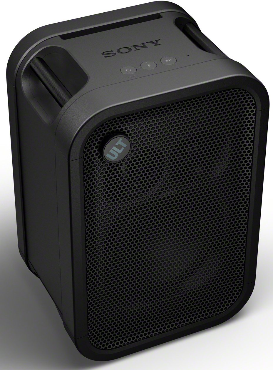 Fekete Sony ULT Bluetooth hangszóró fogantyúkkal és ráccsal.