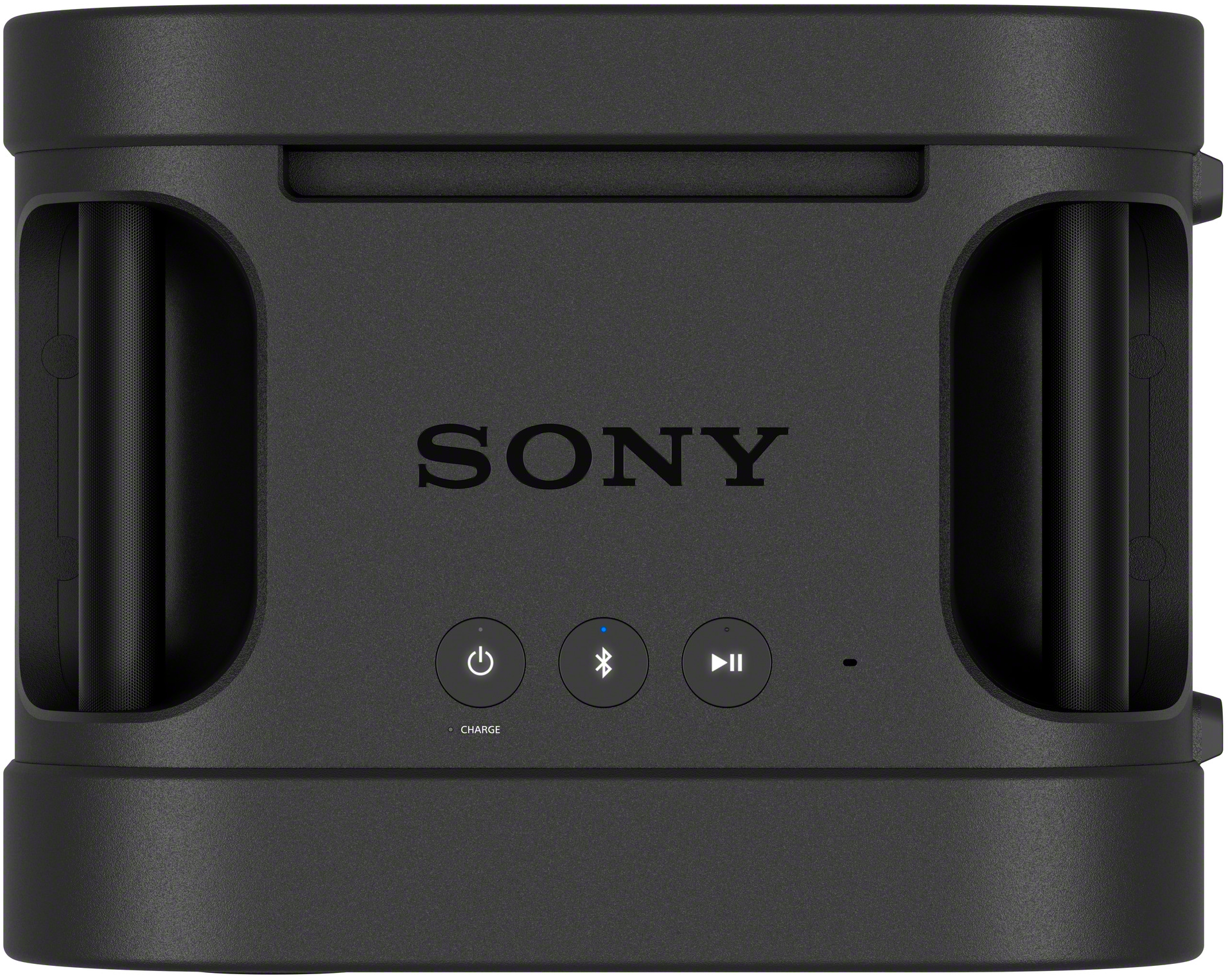 Fekete, hordozható Sony Bluetooth hangszóró gombokkal és oldalsó fogantyúkkal.