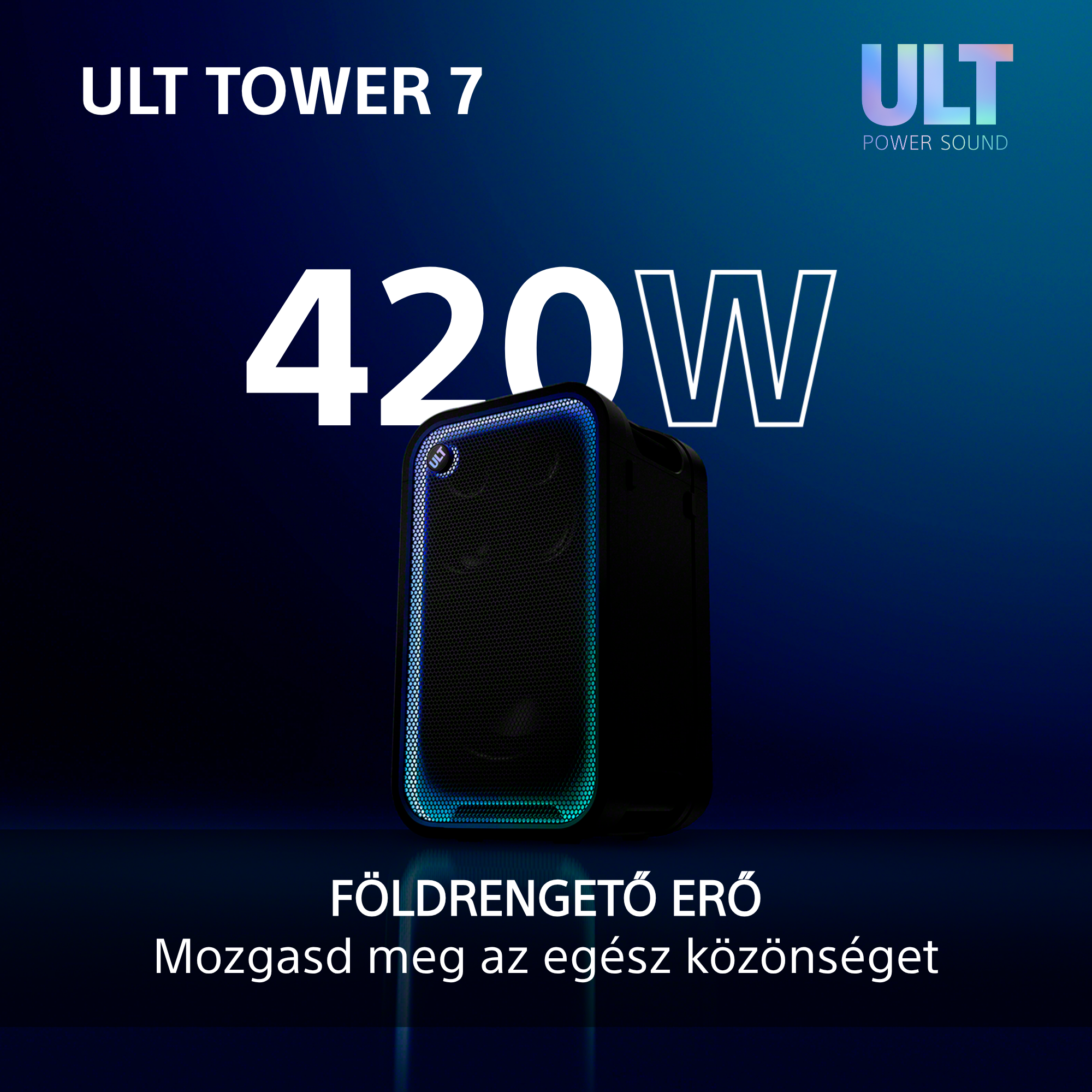 Ult Tower 7 hangszóró 420W teljesítménnyel és kék világítással sötét háttér előtt.