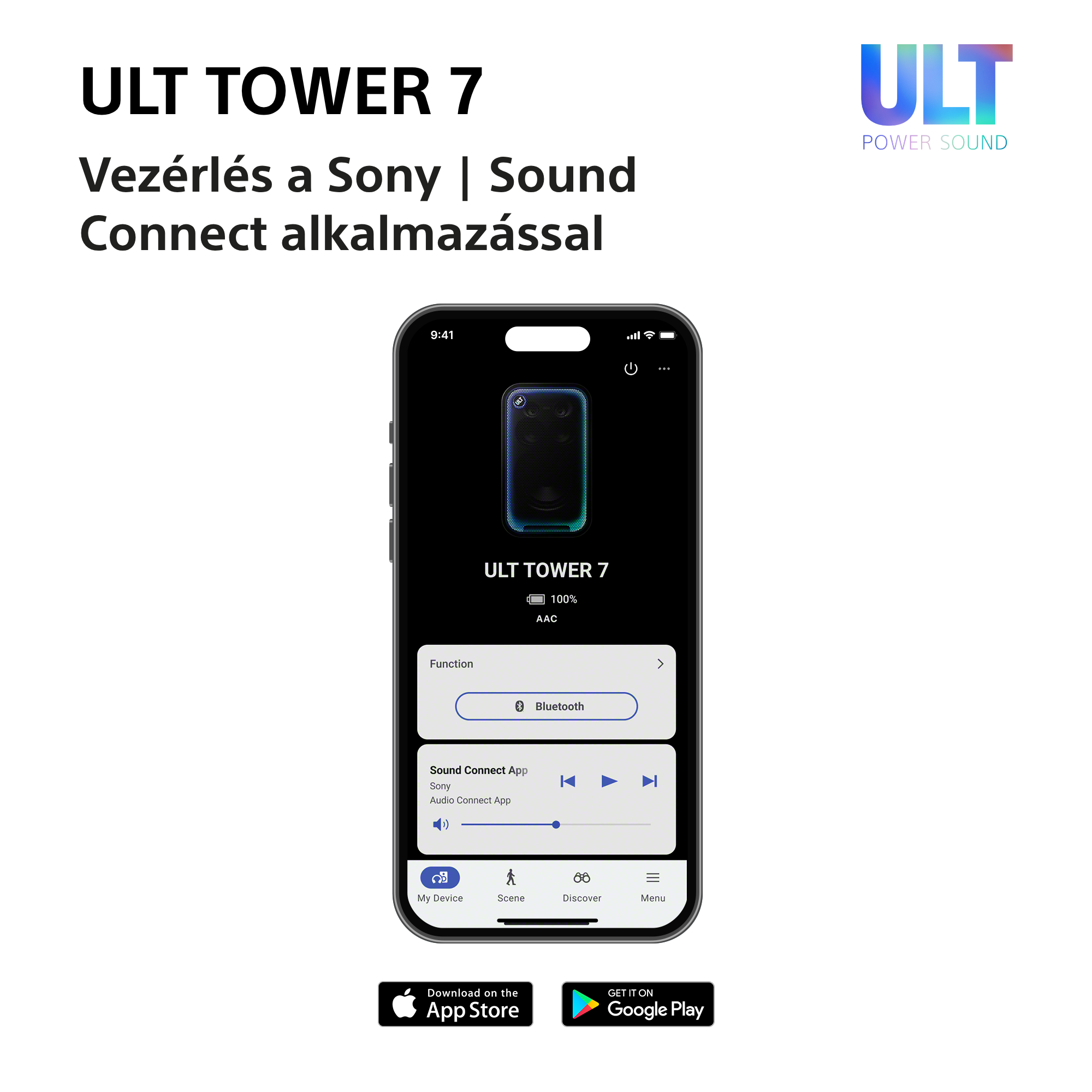 Okostelefon képernyőjén az ULT TOWER 7 vezérlőalkalmazás látható Bluetooth- és hangbeállításokkal.