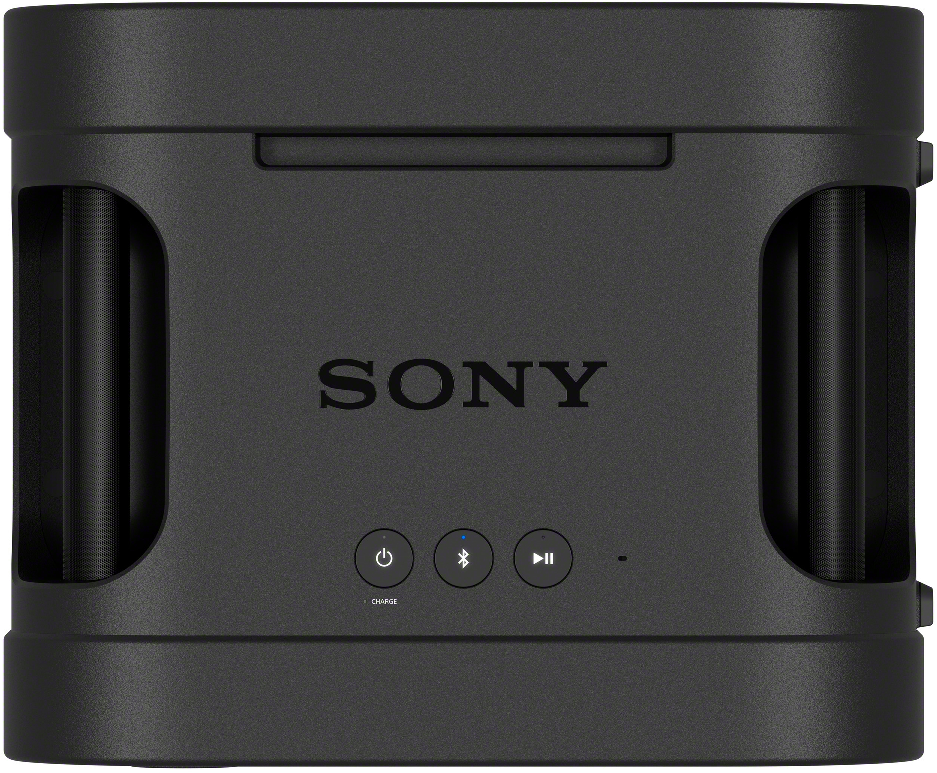 Fekete színű Sony Bluetooth hangszóró kerek vezérlőgombokkal és beépített oldalsó fogantyúkkal, semleges háttérrel.