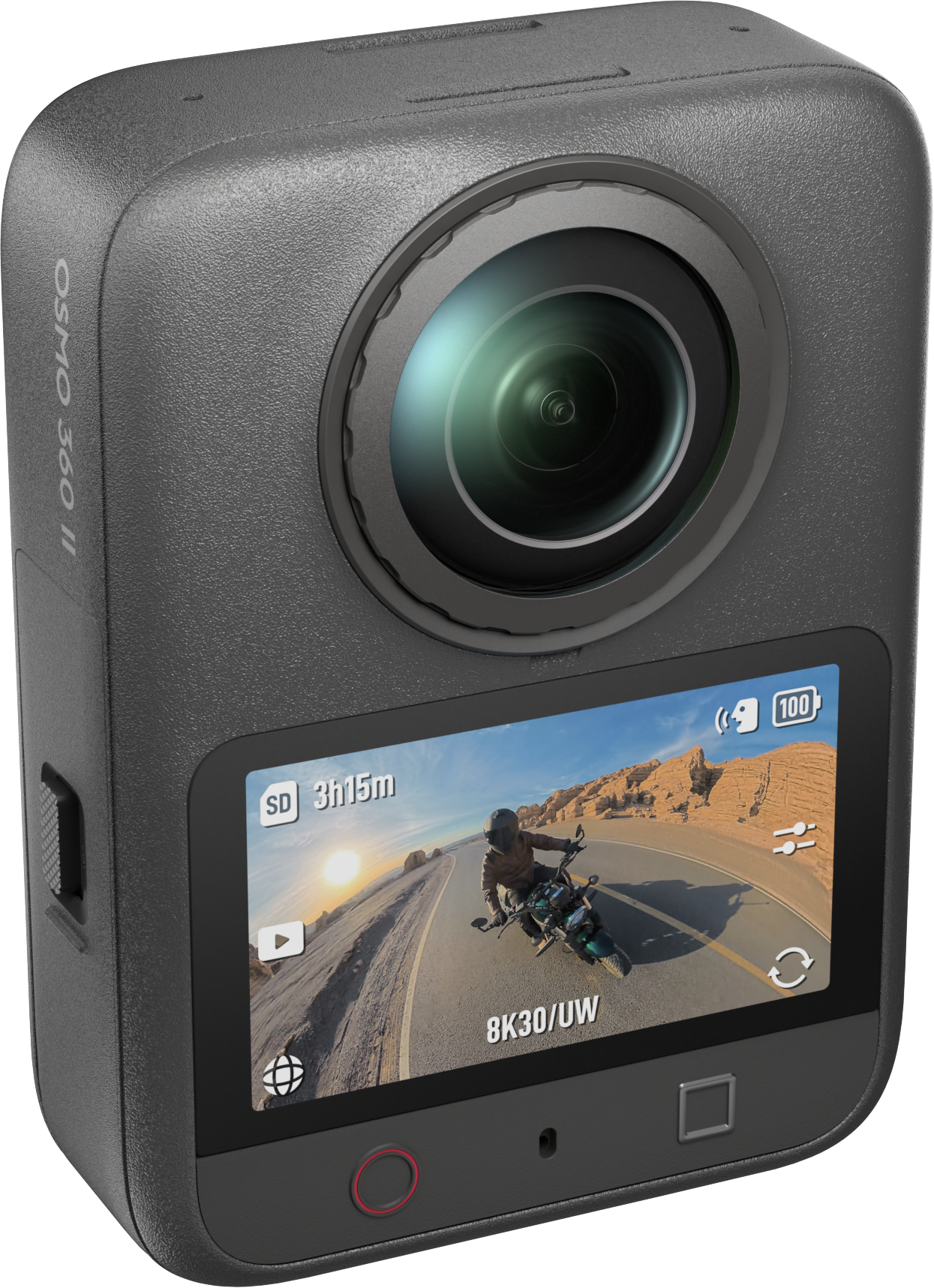 Caméra d'action grise Osmo 360 II avec objectif et écran affichant un motocycliste sur une route.