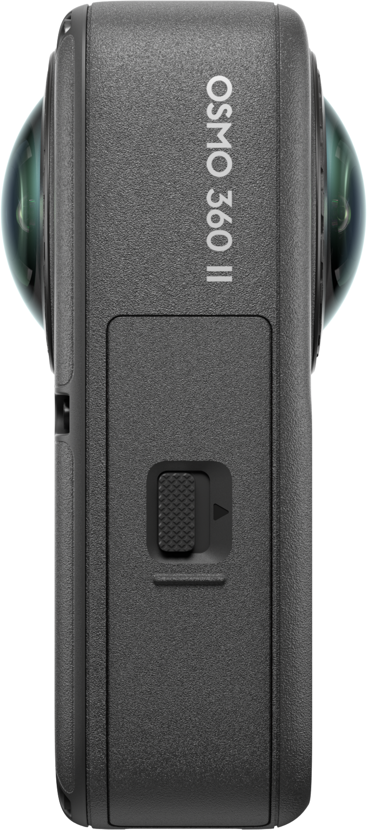 Vue latérale de la caméra grise Osmo 360 II avec des objectifs fisheye.