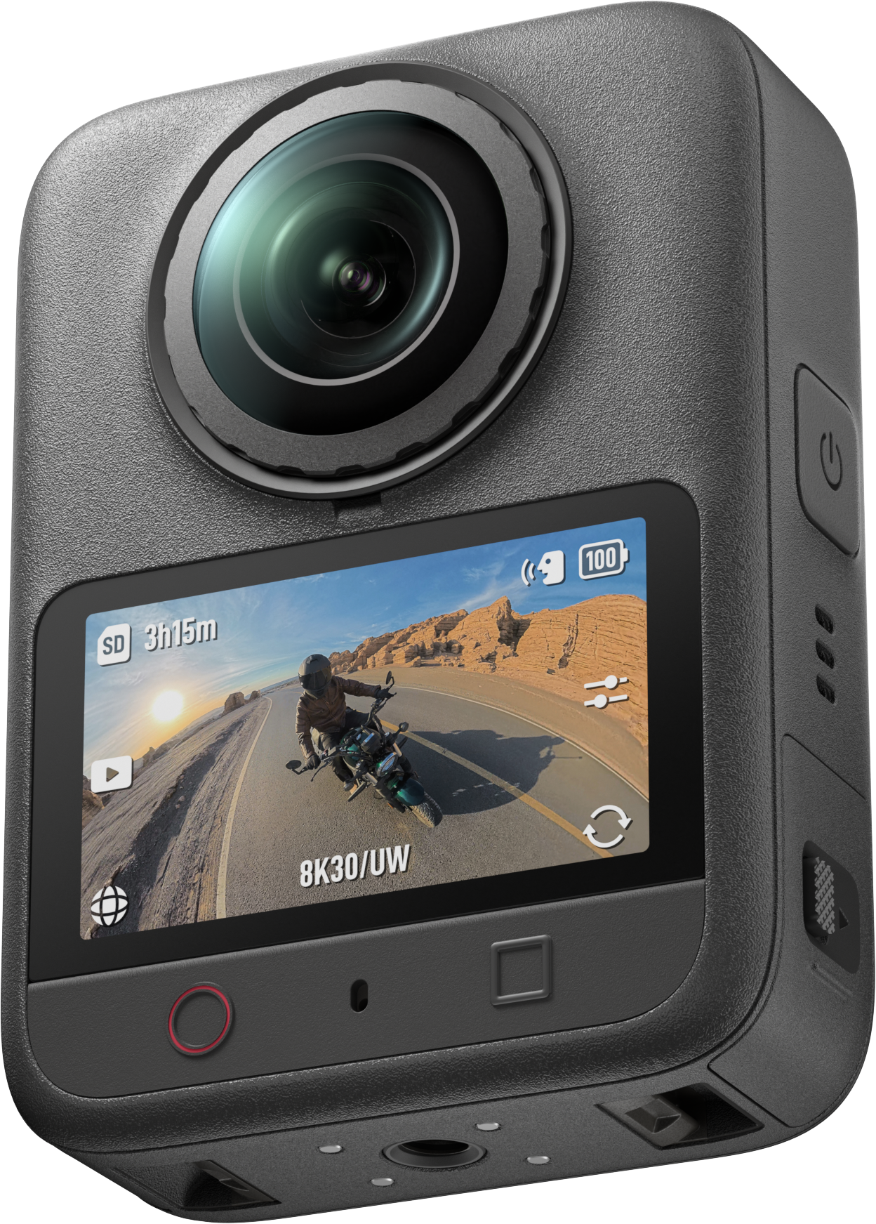 Graue Action-Kamera mit großem Objektiv und Display, das einen Motorradfahrer in einer Wüstenlandschaft zeigt.