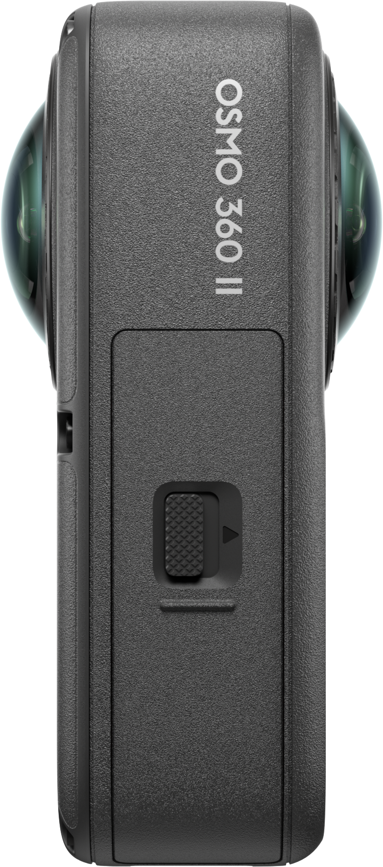 Seitenansicht der grauen Osmo 360 II Kamera mit zwei gewölbten Linsen, dem Markennamen und einem gerändelten Schalter.