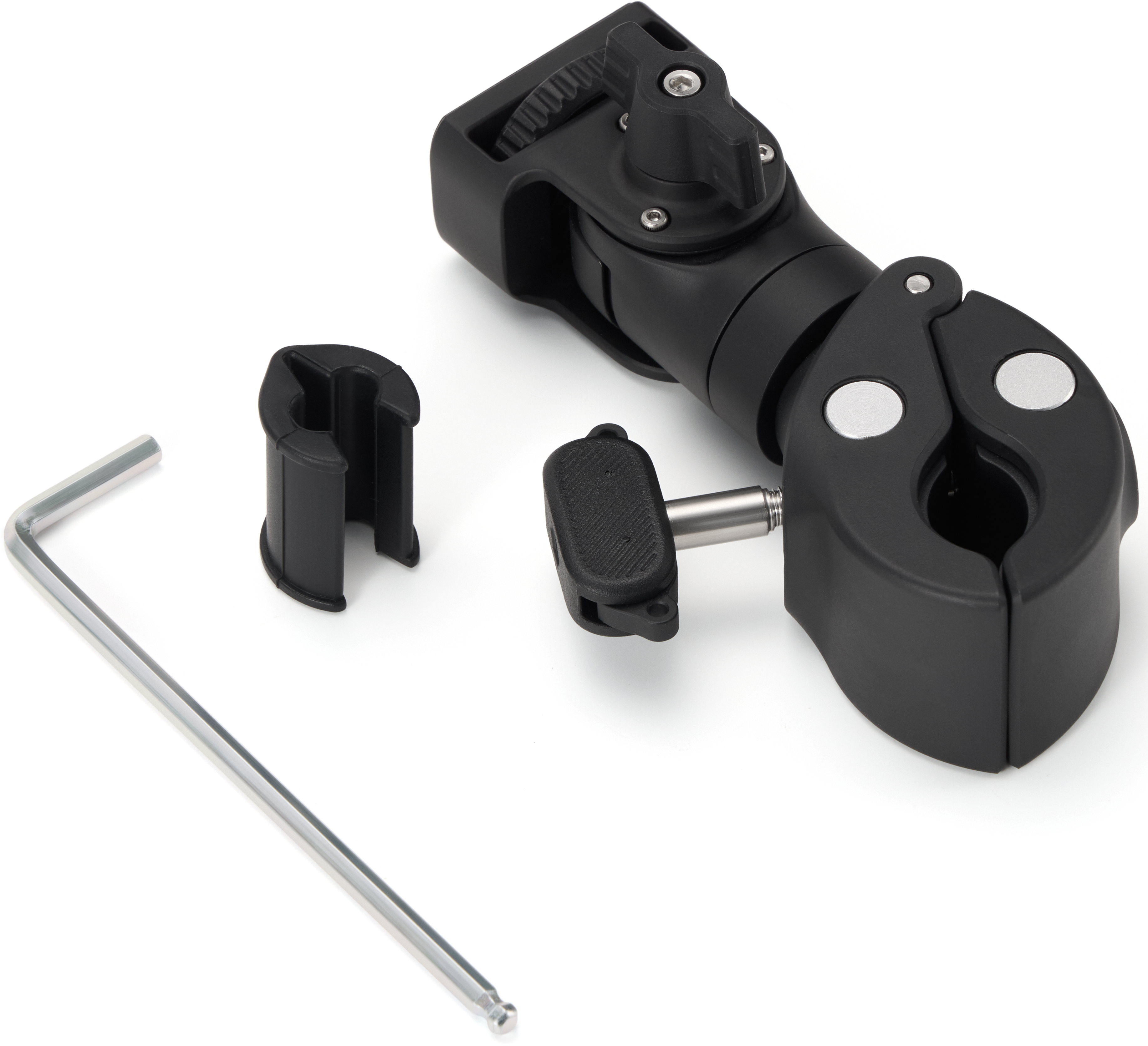 Support de caméra noir avec pince, clé Allen et insert en plastique sur fond blanc.