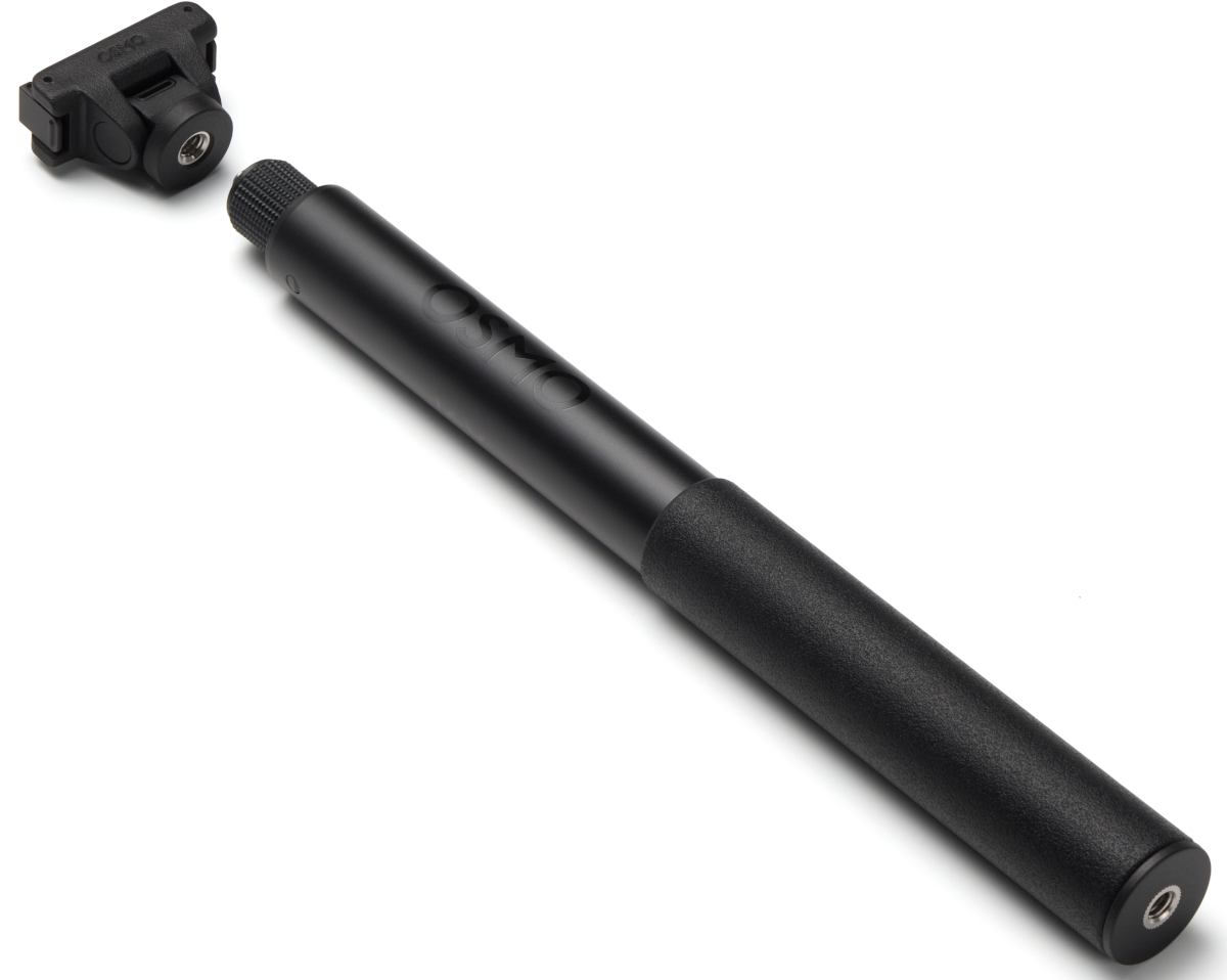 Schwarzer Osmo-Verlängerungsstab mit abnehmbarem Adapter gegen weißen Hintergrund.